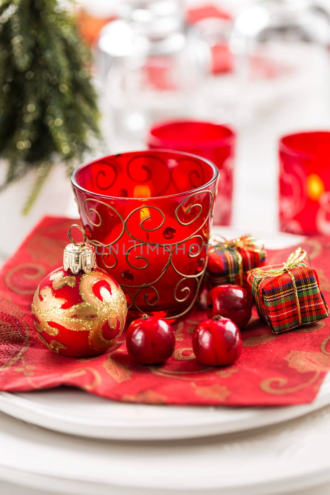 Christmas And New Year Holiday Table Setting. Celebration. Place setting for Christmas Dinner. Holiday Decorations. Decor.