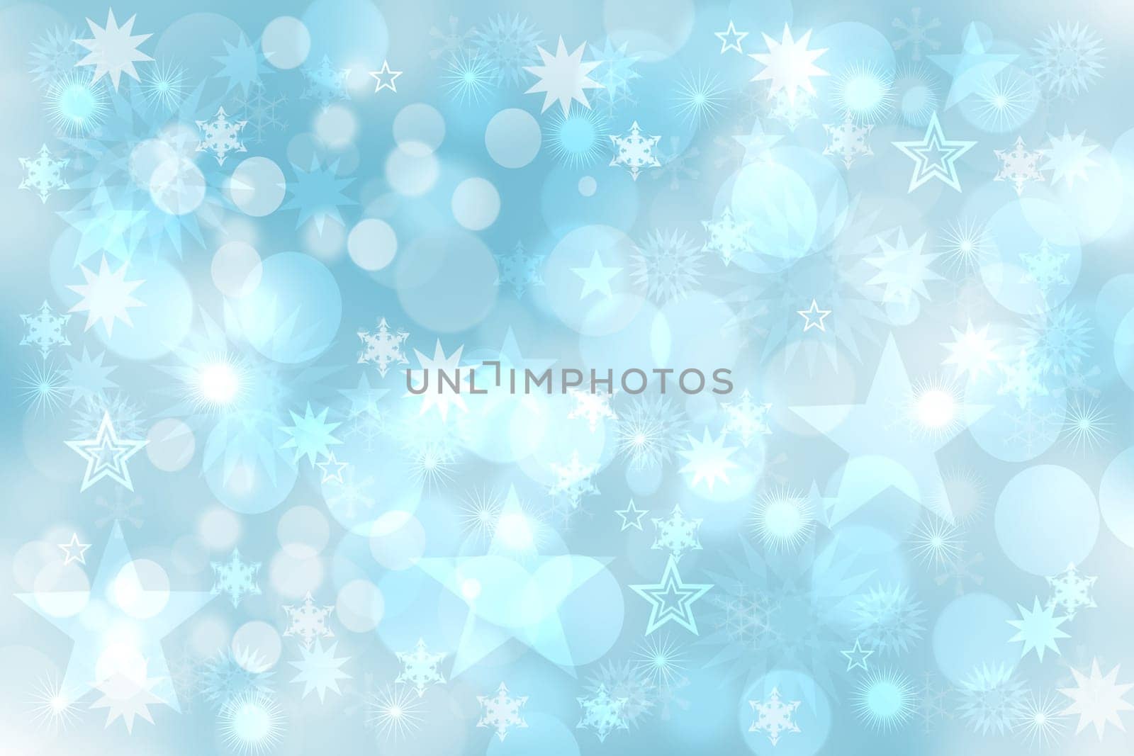 Christmas card template. Abstract festive light blue white winter christmas or New Year background texture with blurred bokeh lights and stars. Copy space for design.