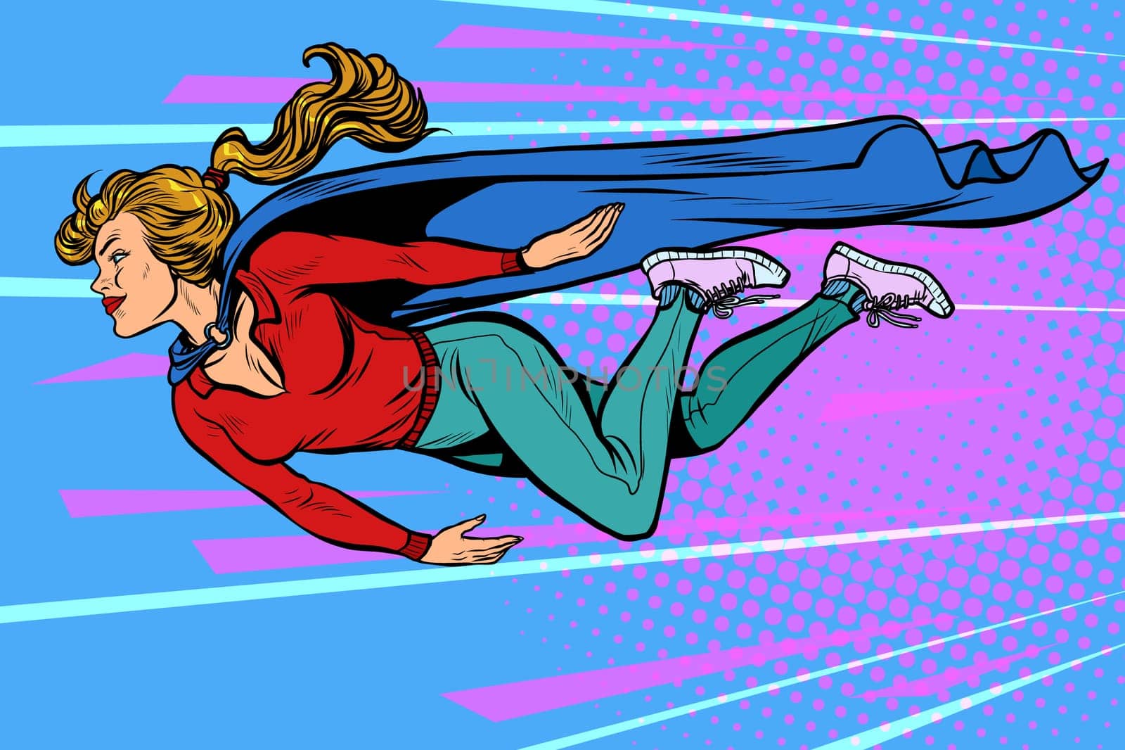 woman superhero flies. female power. pop art retro vector illustration kitsch vintage drawing 50s 60s