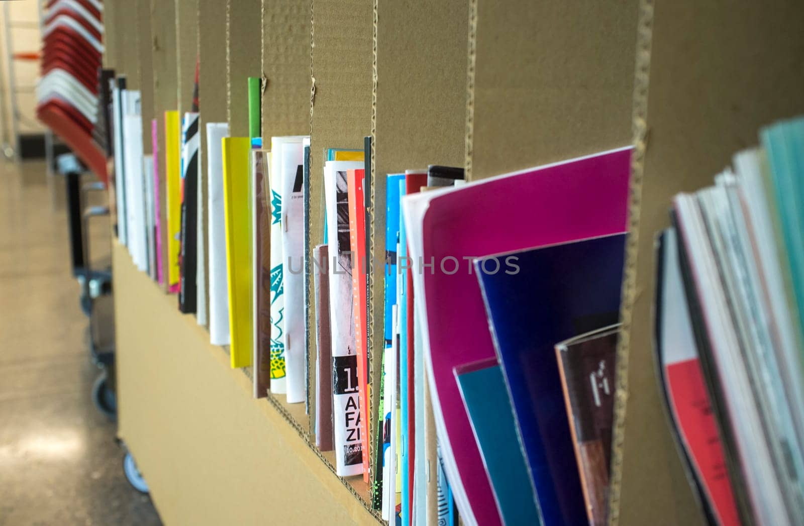 Leon, Spain - June 25th 2019: Journals file cases furniture made of recycled cardboard at MUSAC specialised library. Contemporary Art Museum of Castile and Leon
