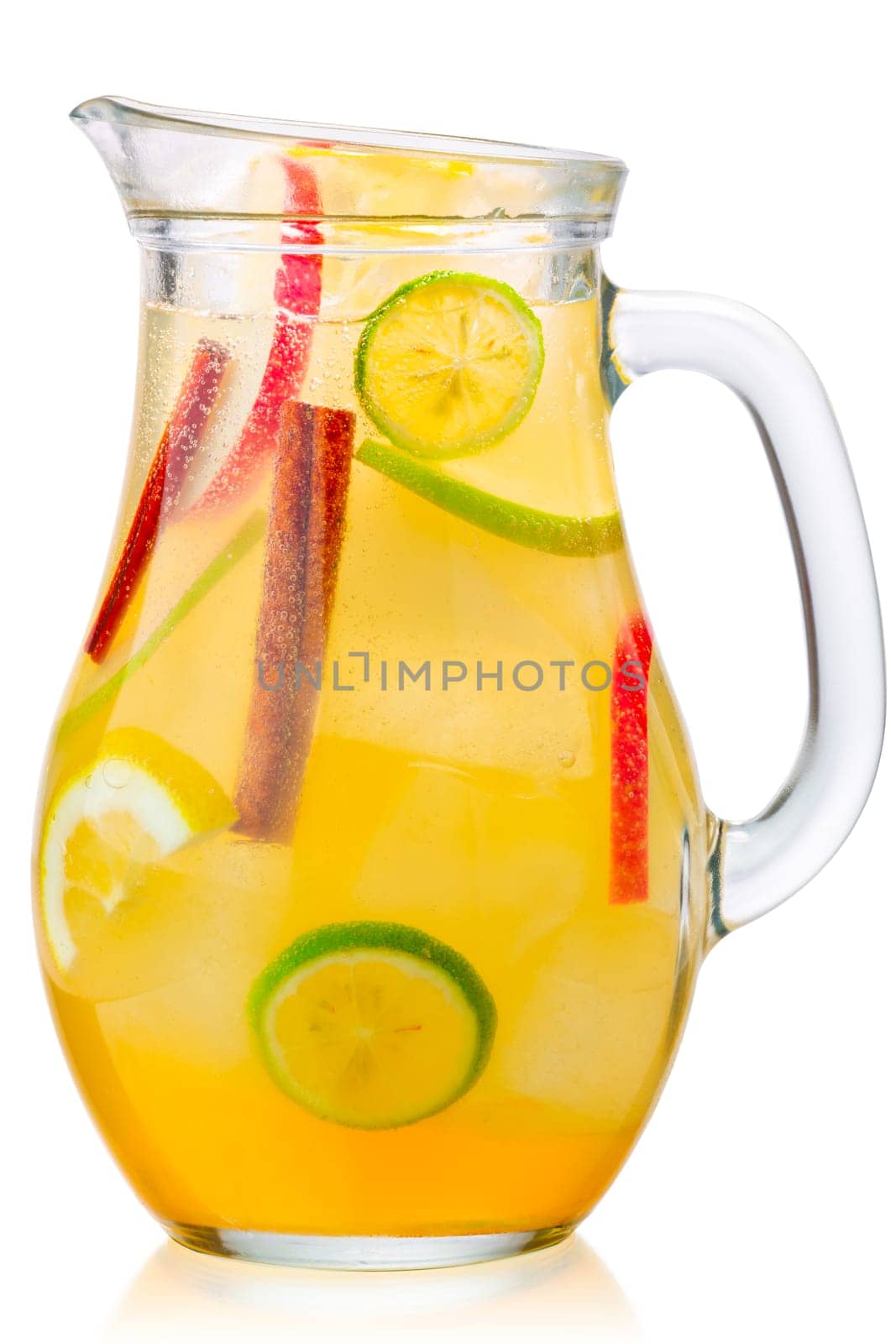 Pitcher of cold iced apple cinnamon lemonade or drink, isolated