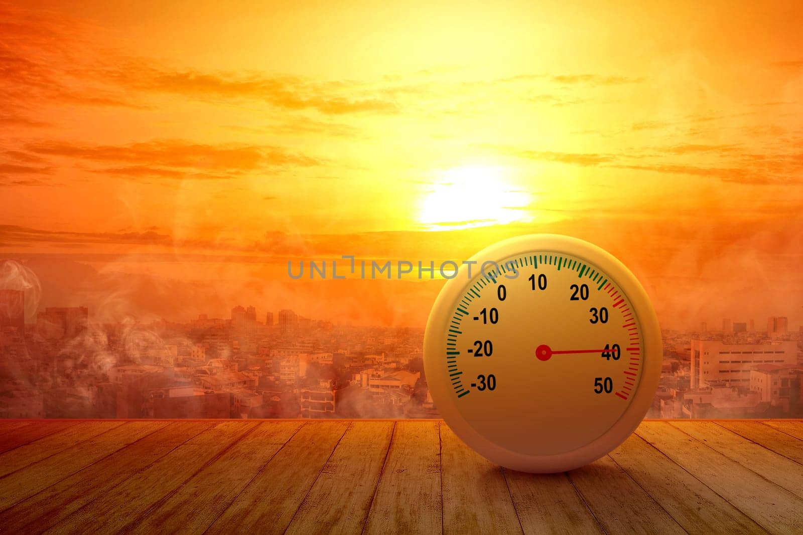 The thermometer on a wooden table with a high temperature on the city with a glowing sun background. Heatwave concept