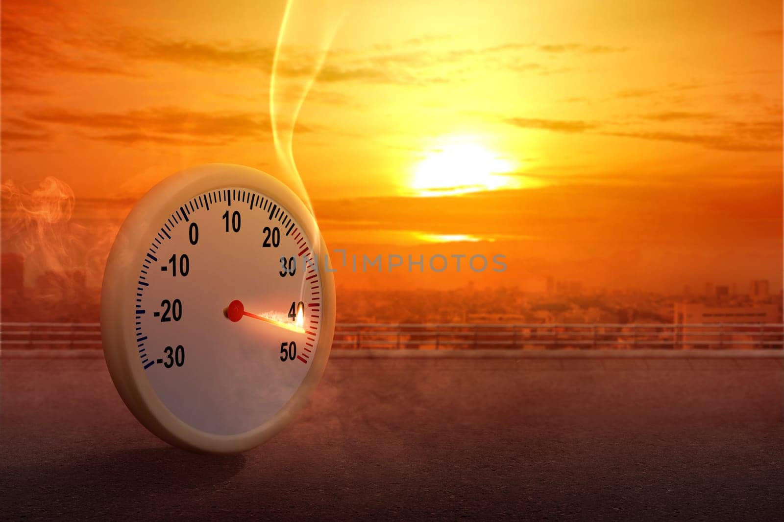 The thermometer on the street with a high temperature on the city with a glowing sun background. Heatwave concept