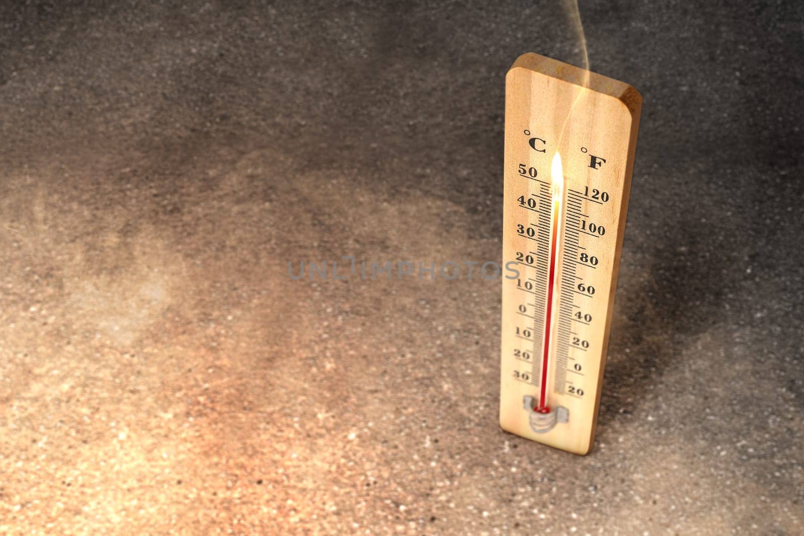 Thermometer with high temperature on the street with glowing sun background. Heatwave concept