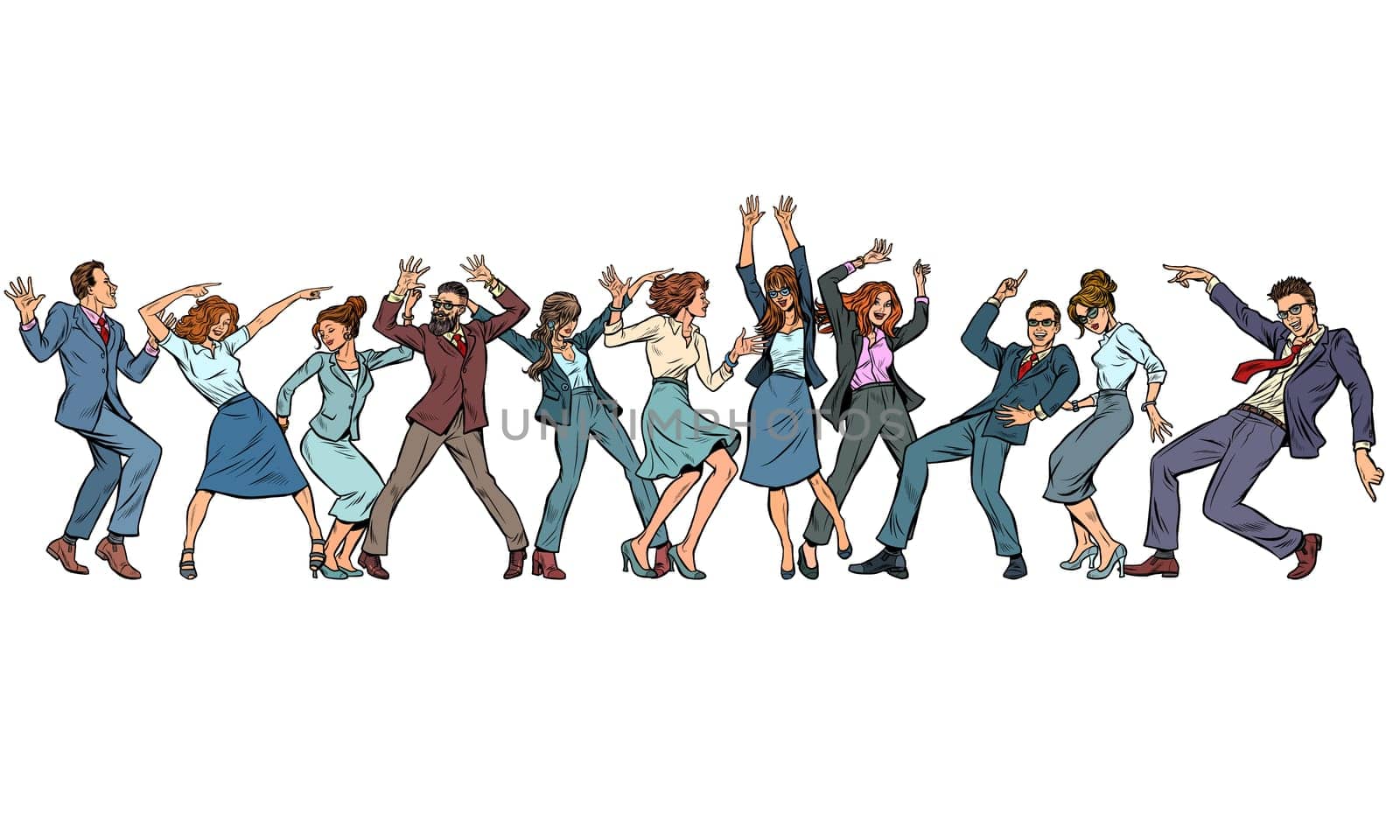 dancing people businessmen and businesswomen. Pop art retro vector illustration drawing