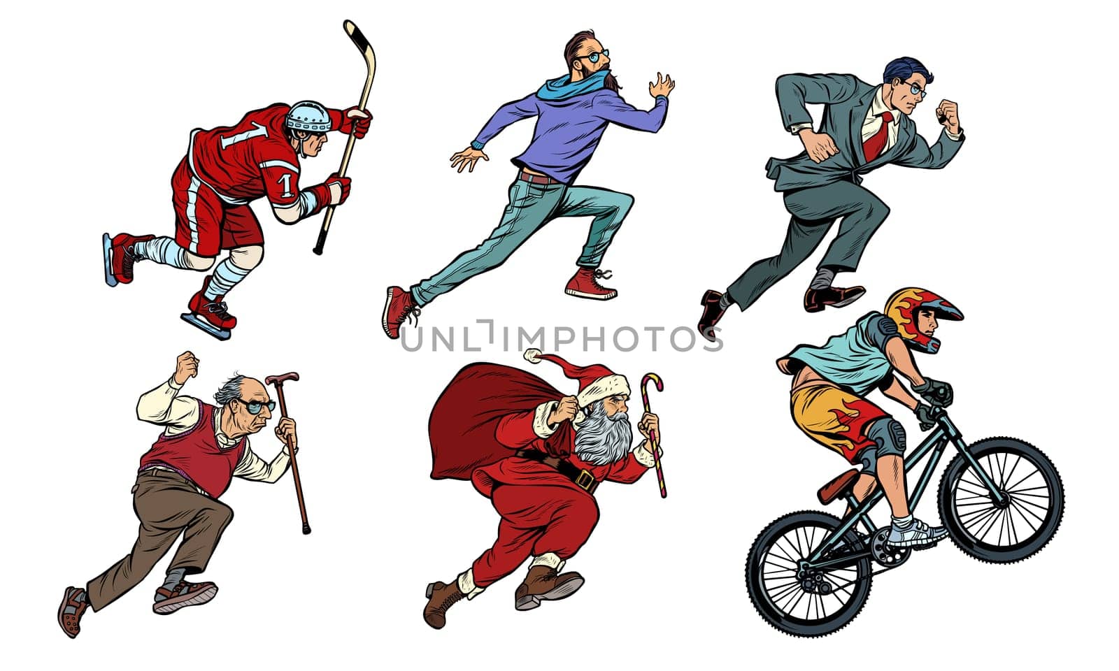 set collection hockey man cyclist businessman runner hipster Santa Claus. Pop art retro vector illustration drawing