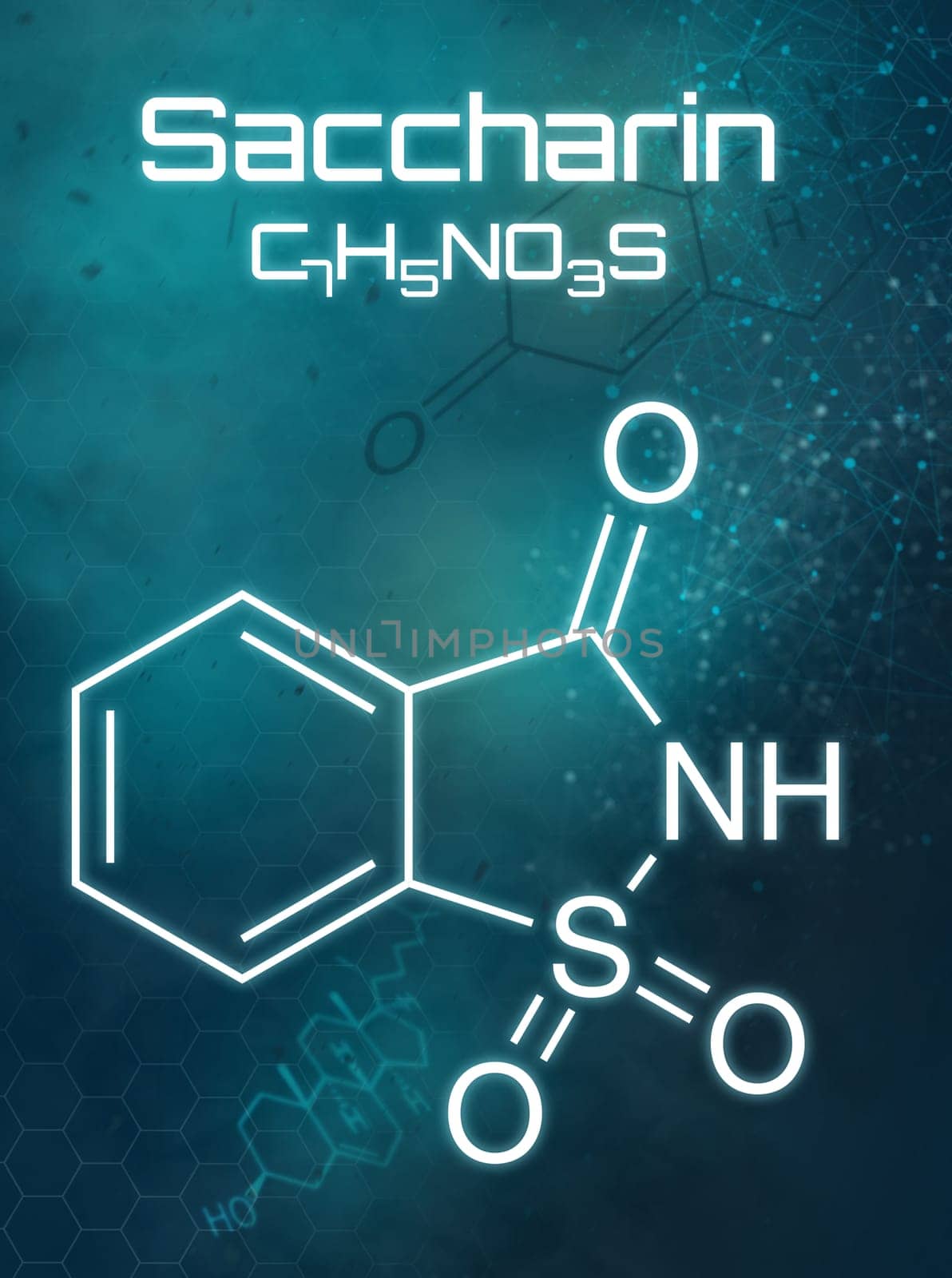 Chemical formula of Saccharin on a futuristic background