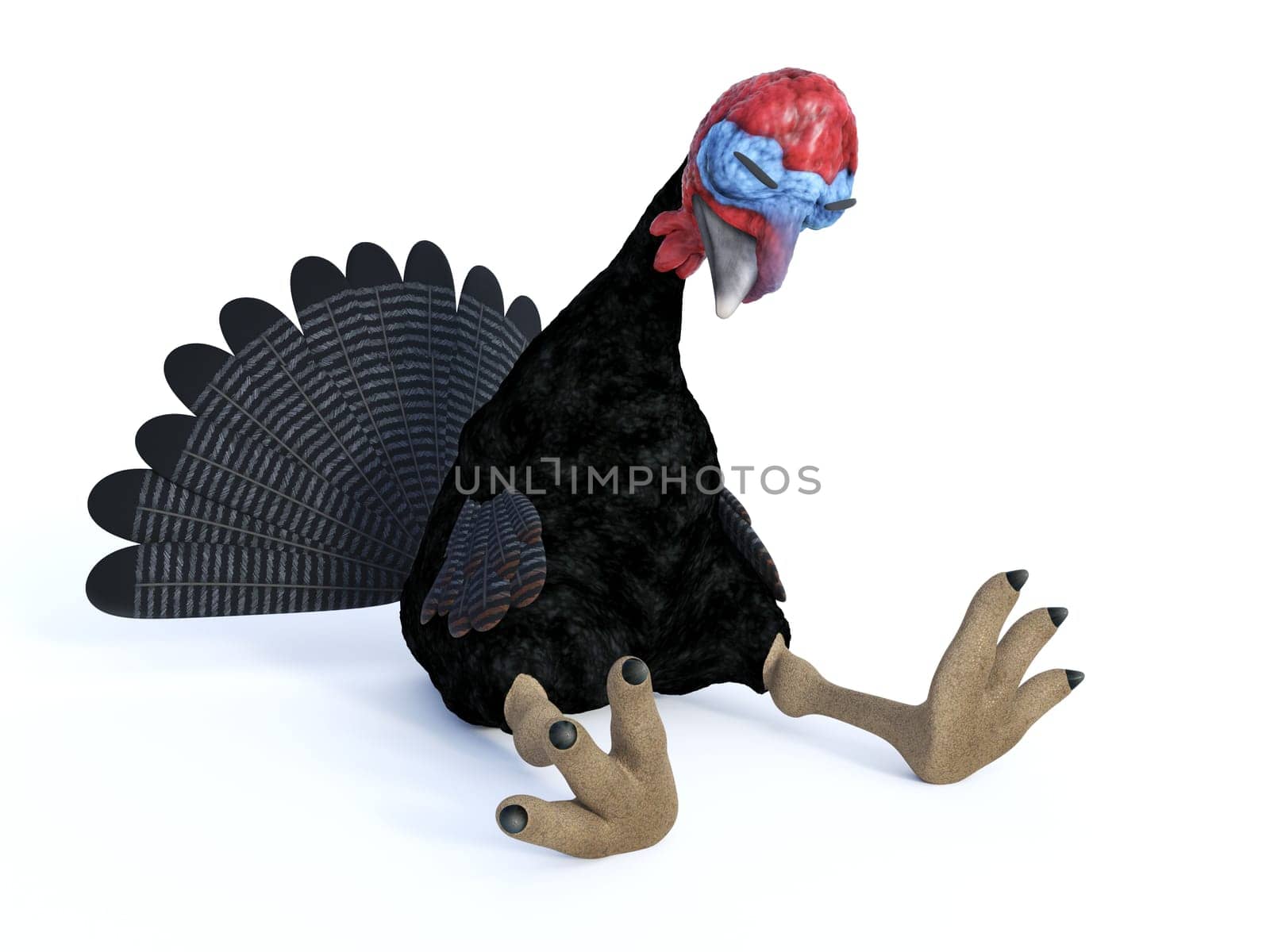 3D rendering of a silly cartoon turkey sitting and sleeping, tired after Thanksgiving celebration. White background.