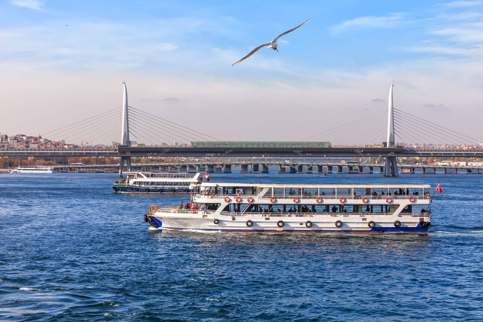 Ferries in the Bosphorus and the Halic Metro Bridge, Istanbul.