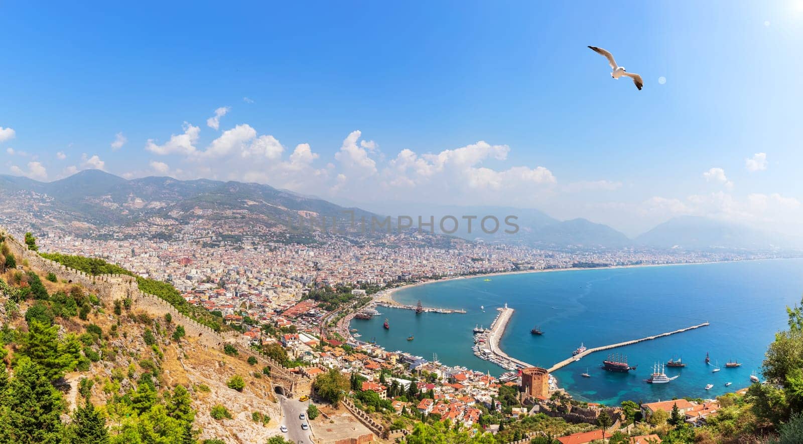 Alanya port in the harbour, panoramic view from the Alanya castle, Turkey.