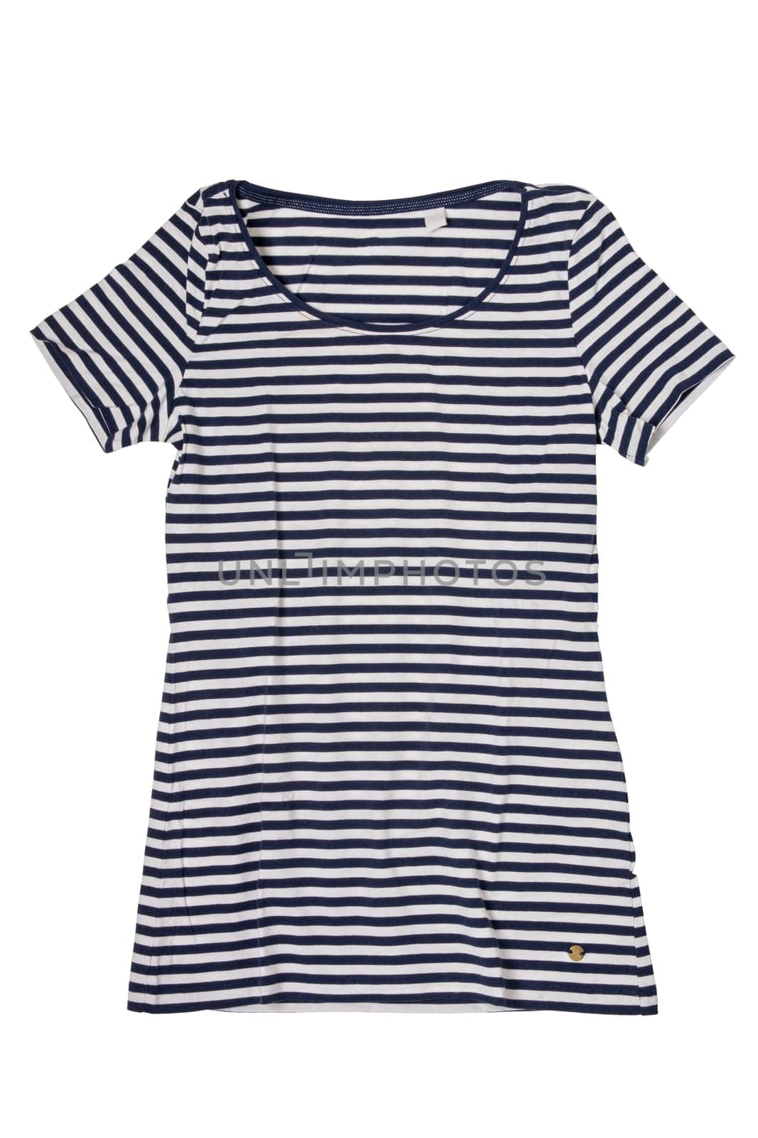 Denim shirt isolated. Closeup of a stylish blue white striped shirt or t-shirt for women with short sleeves isolated on a white background. Womans summer fashion in marine style.