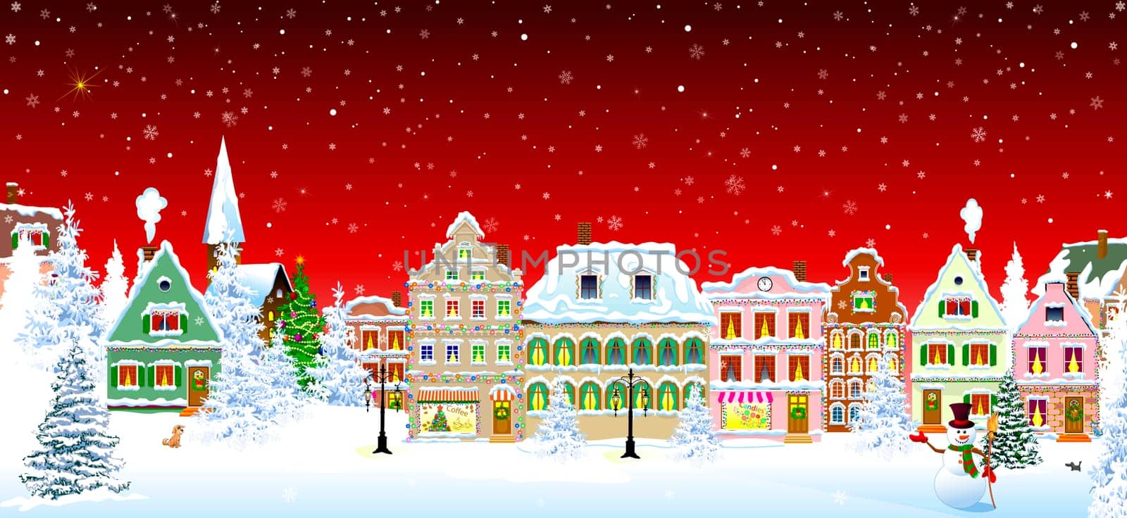 Houses, city, church, trees. Winter city landscape. Christmas Eve night. Snowflakes in the night sky. Christmas winter night scene.