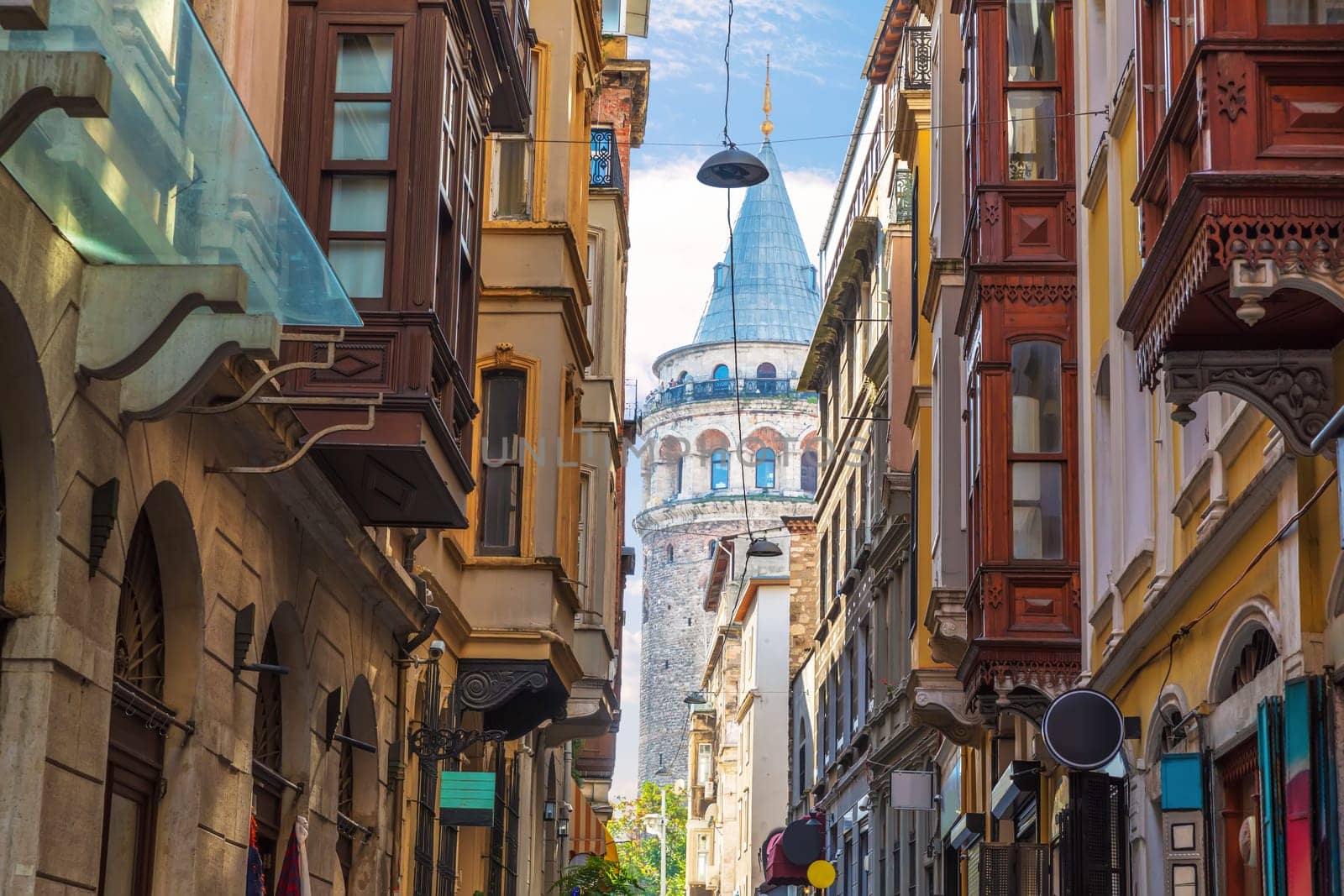 Old Istanbul street and the Galata Tower, Turkey.