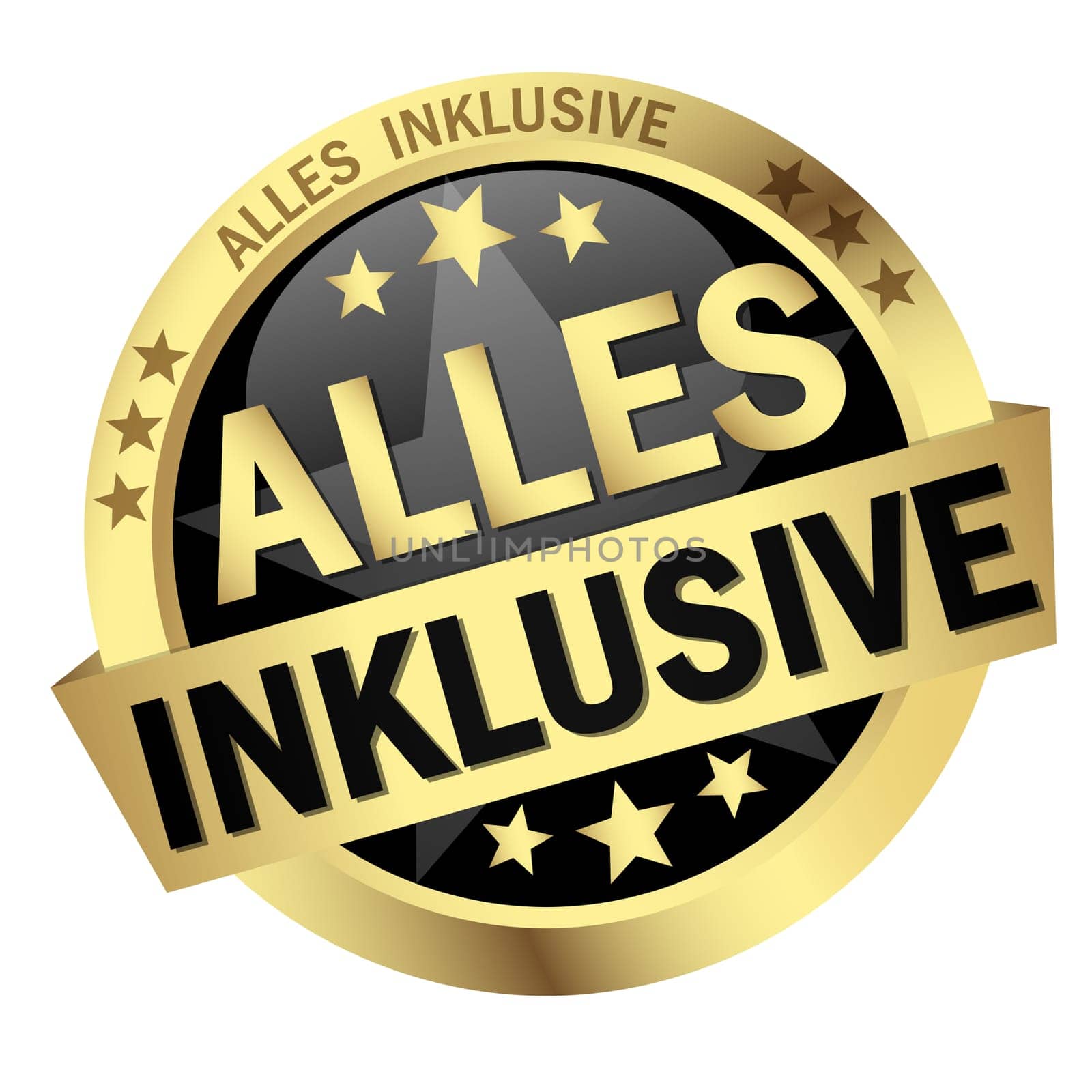 EPS 10 vector with round colored button with banner and text all inclusive (in german)