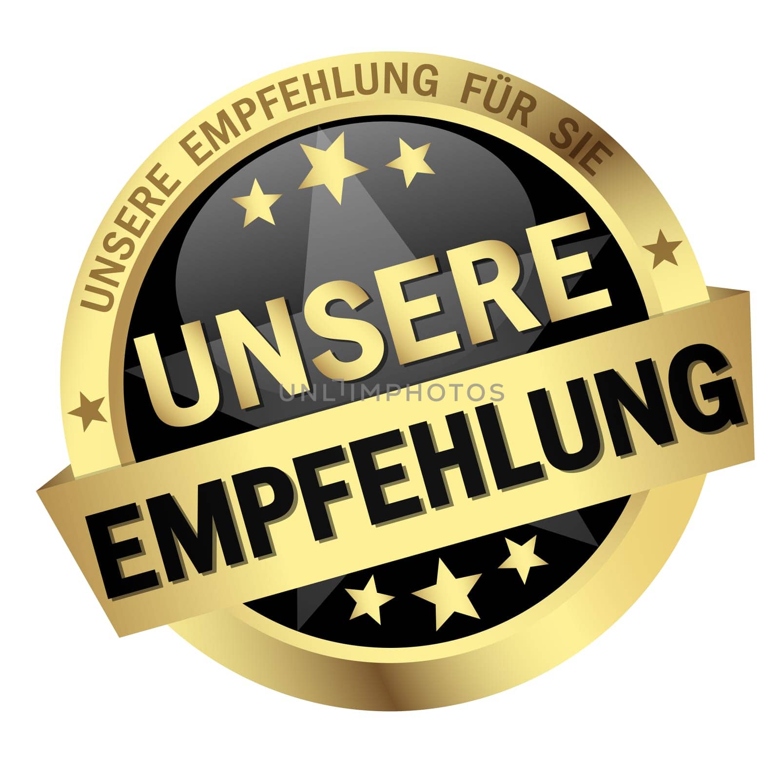EPS 10 vector with round colored button with banner and text our recommendation (in german)