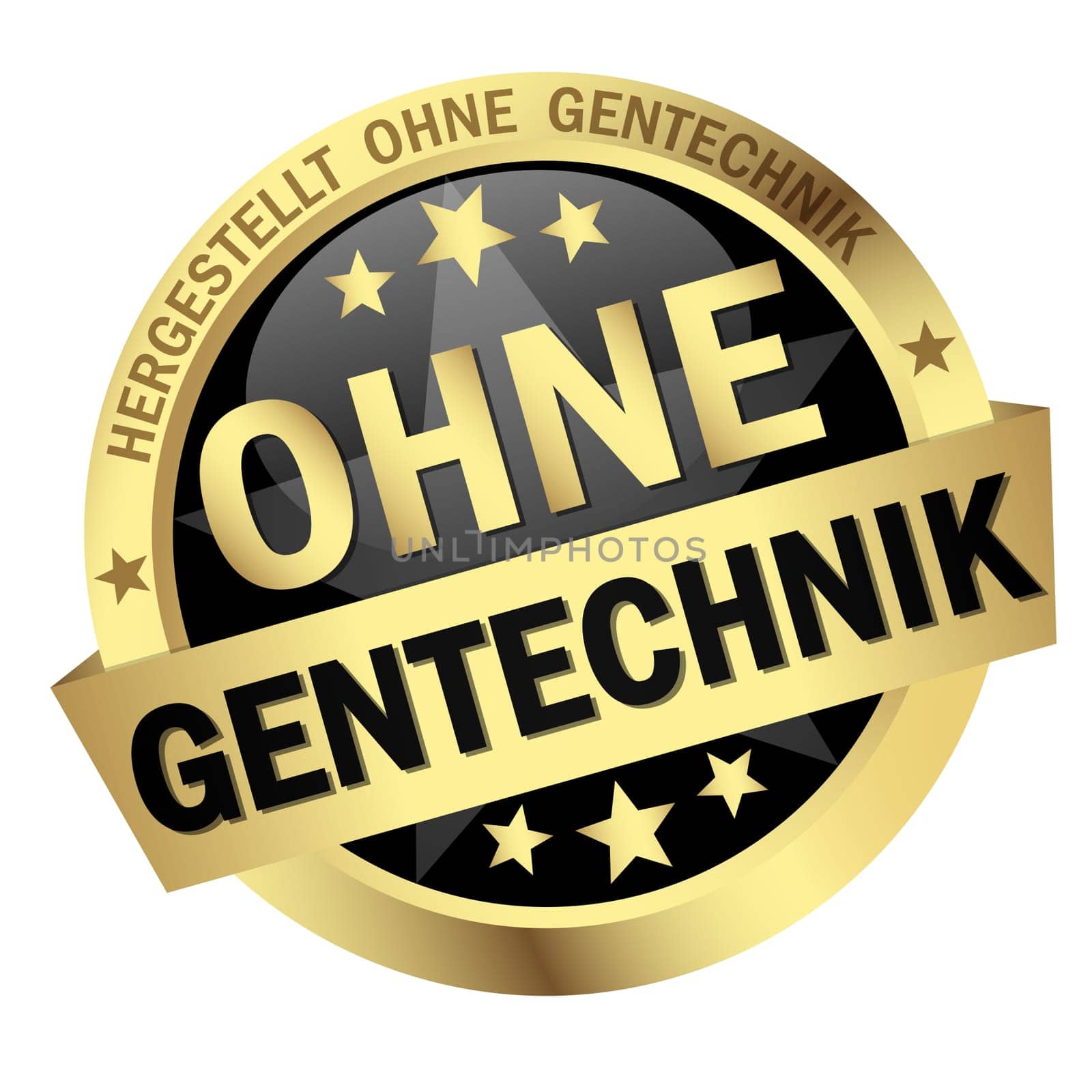 EPS 10 vector with round colored button with banner and text without genetic engineering (in german)