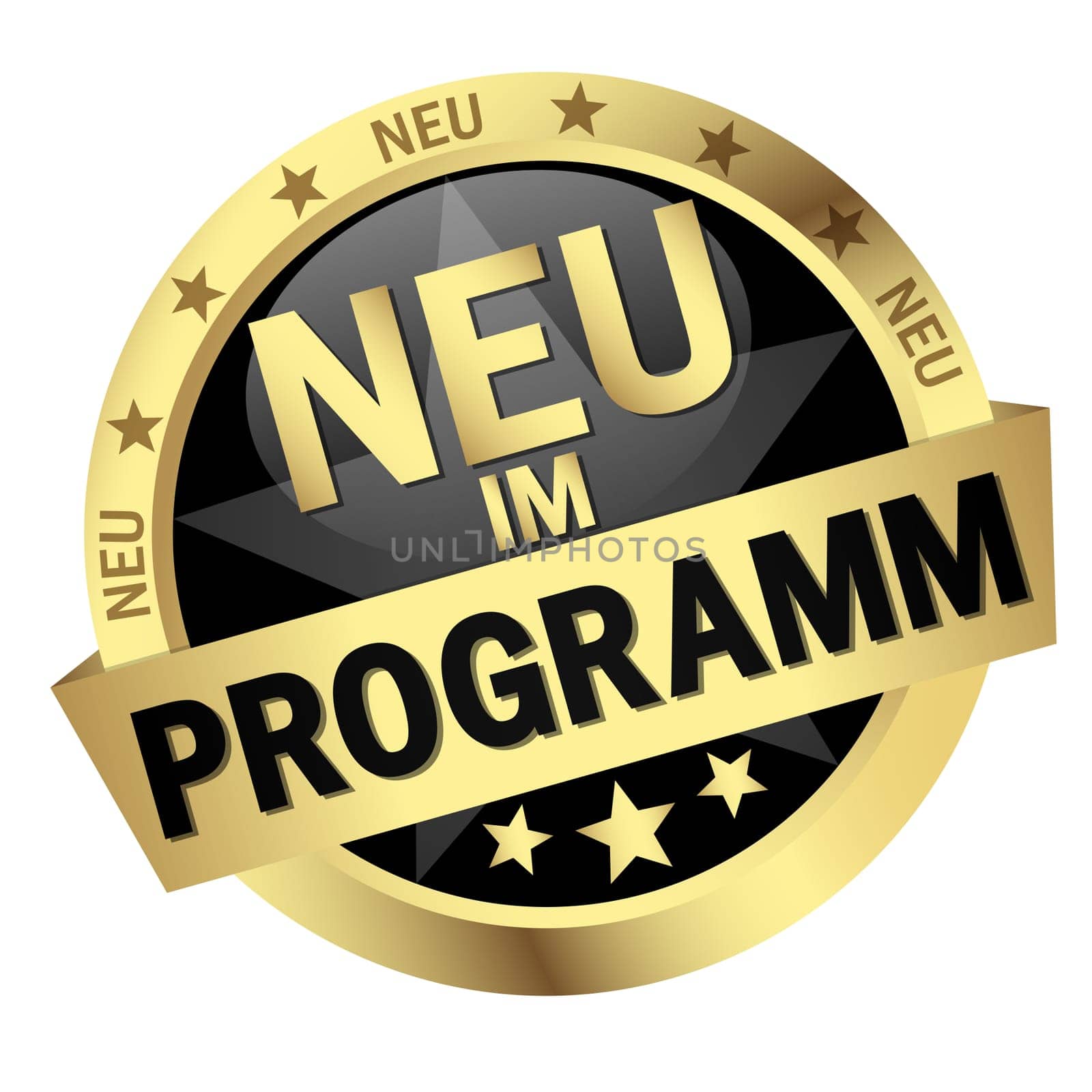 EPS 10 vector with round colored button with banner and text New in programm (in german)
