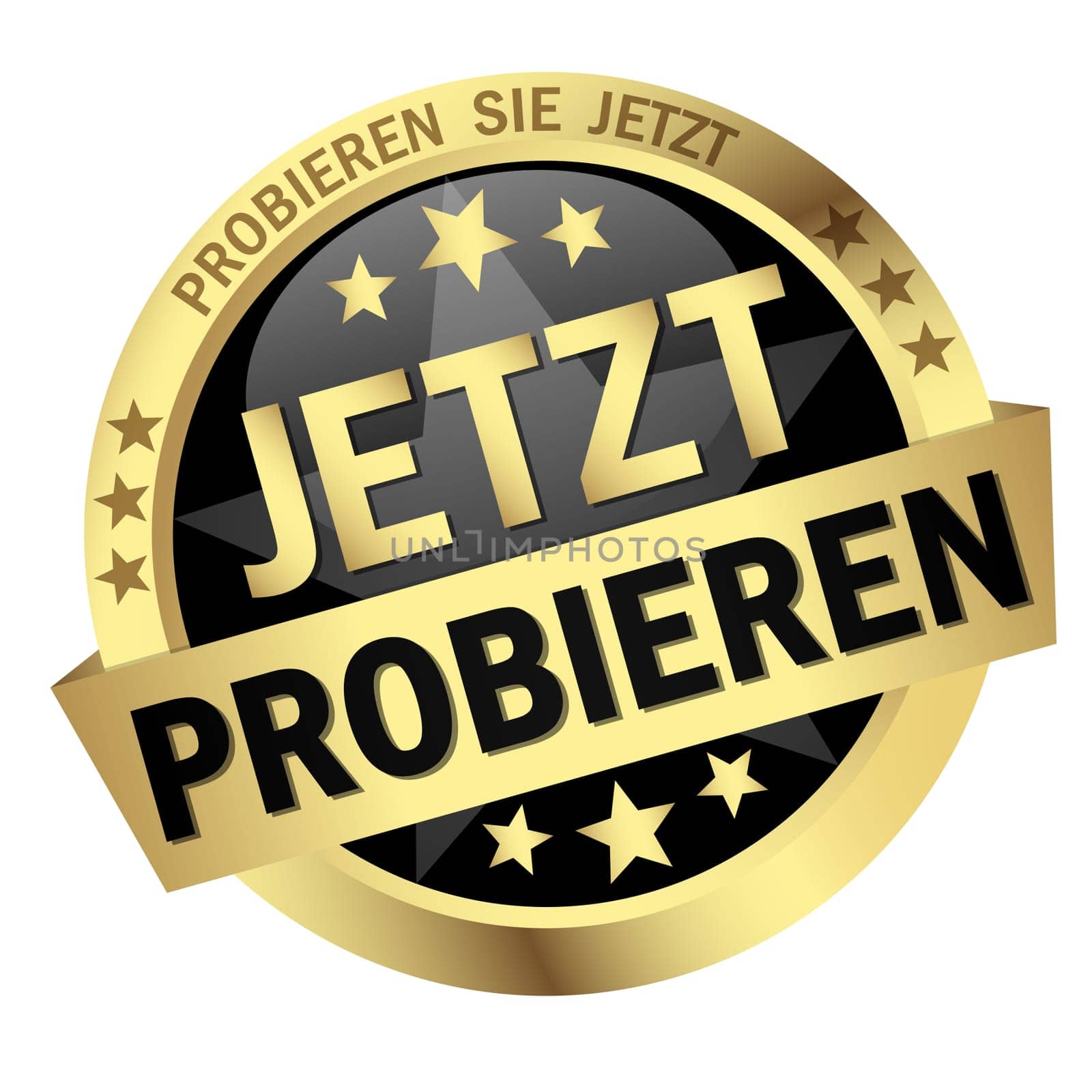 EPS 10 vector with round colored button with banner and text try now (in german)