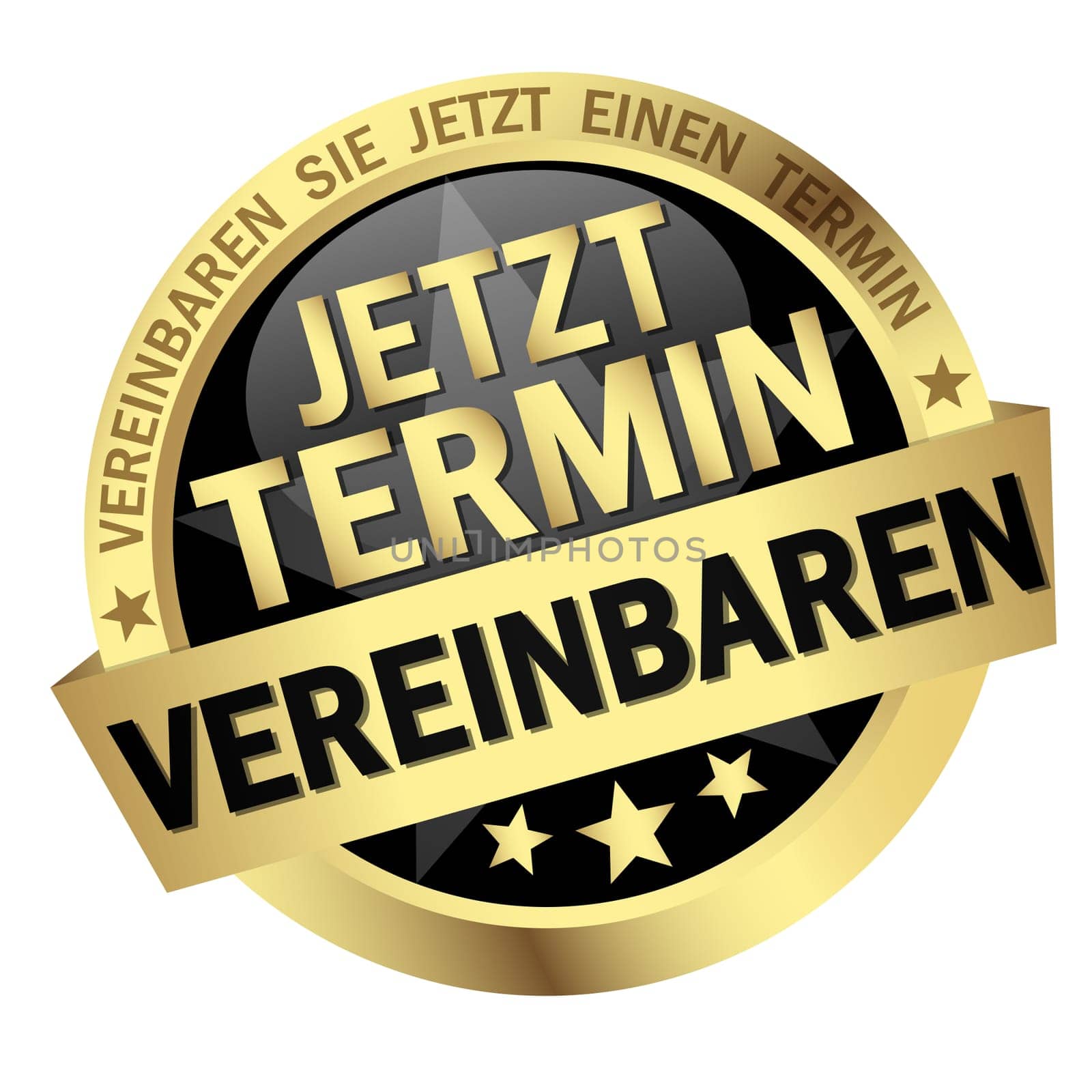 EPS 10 vector with round colored button with banner and text arrange meeting now (in german)