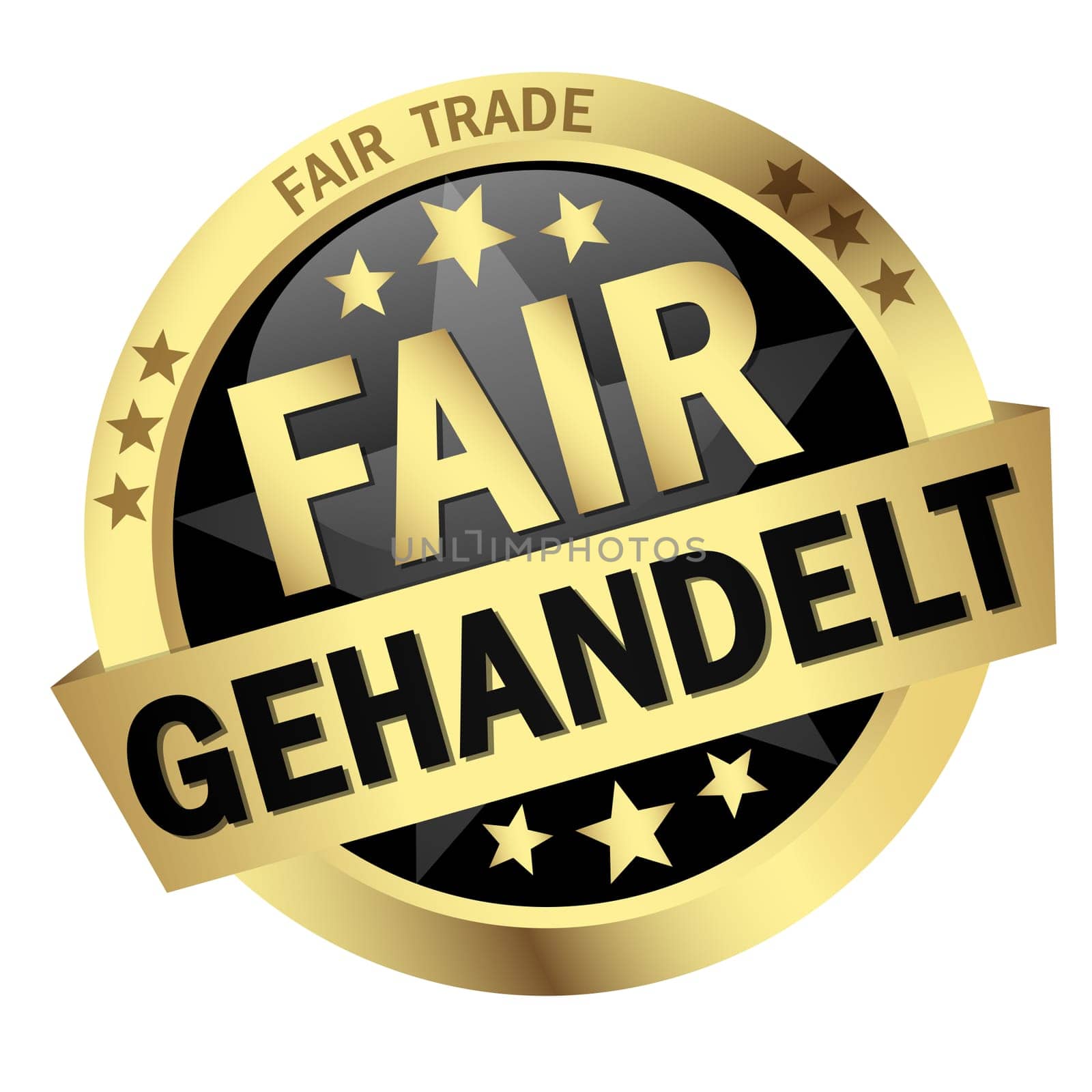 EPS 10 vector with round colored button with banner and text Fair trade (in german)
