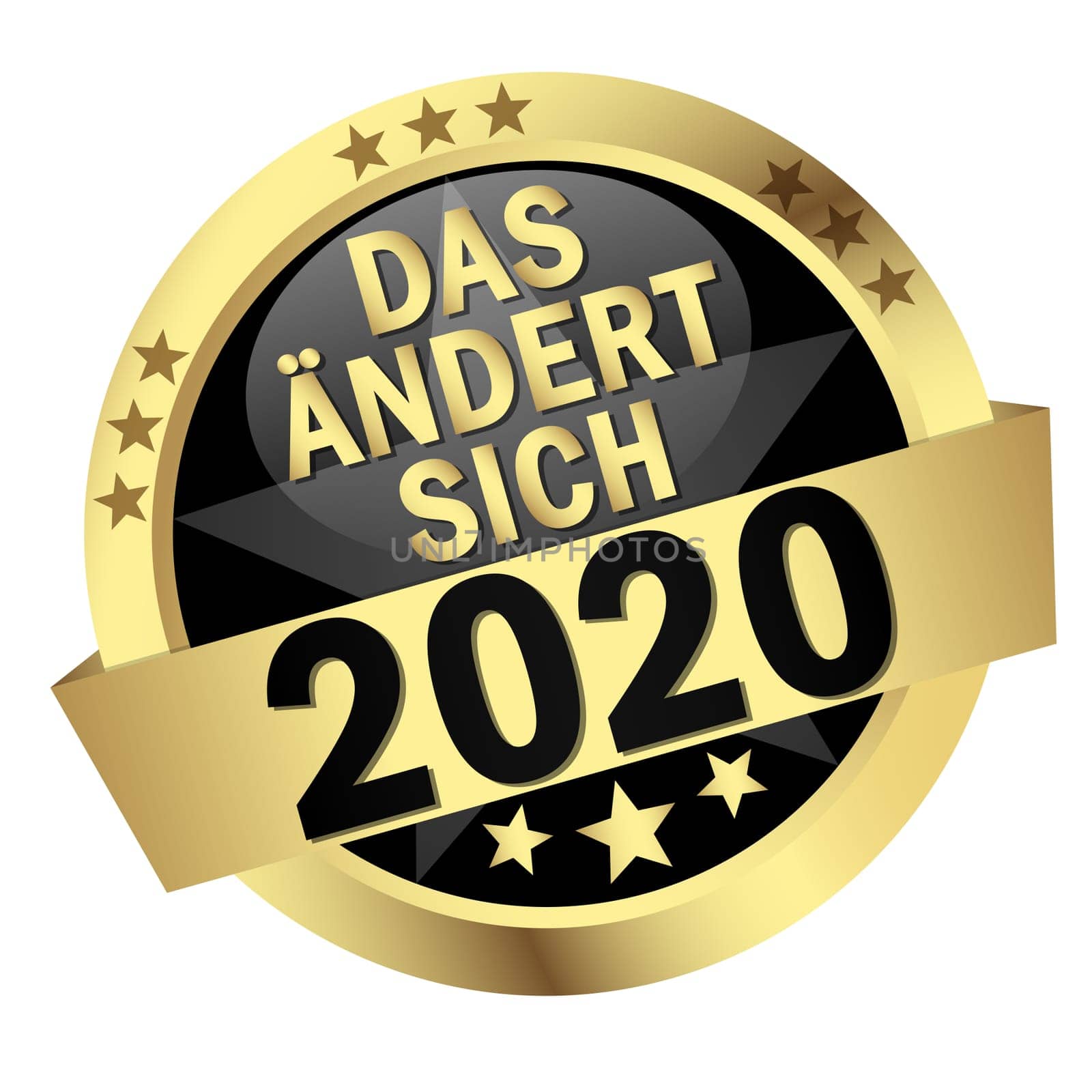 EPS 10 vector with round colored button with banner and text that changes in 2020 (in german)