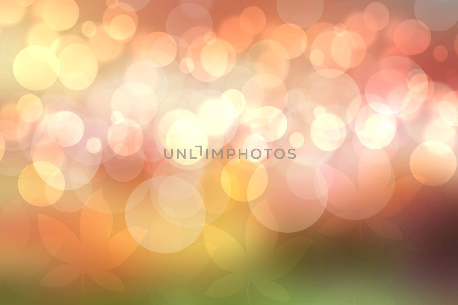 Abstract autumn gradient gold yellow pink bright background texture with leaves and bokeh circles. Indian summer. Card design with space. Beautiful backdrop.