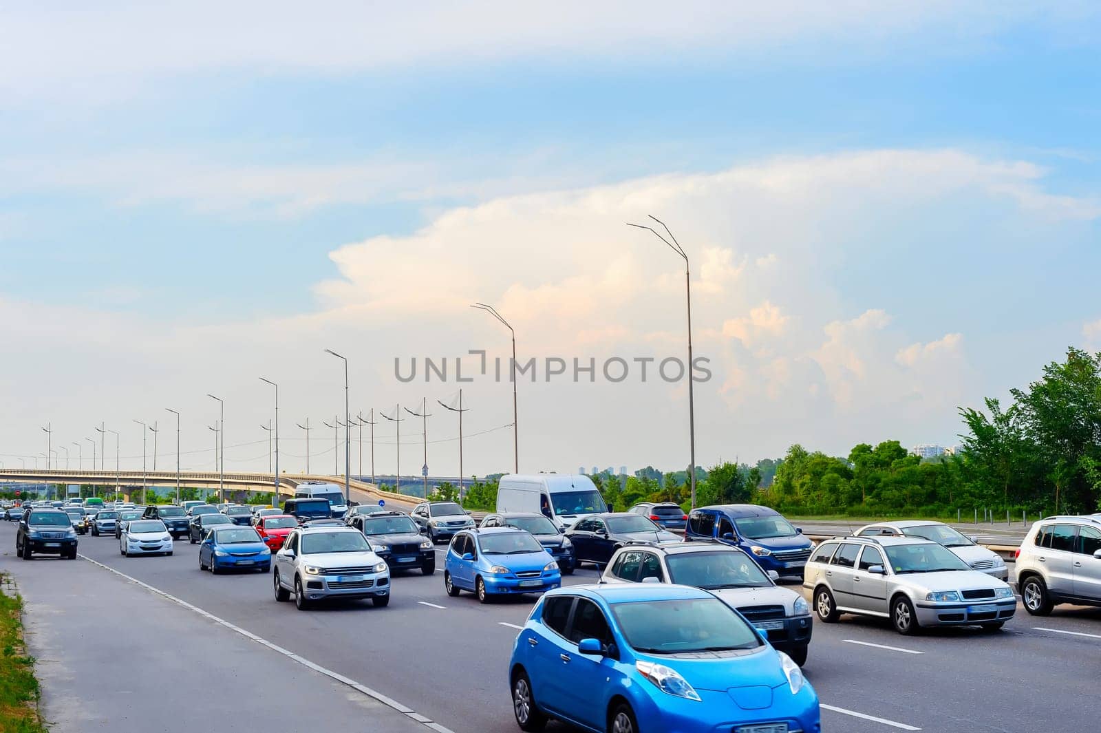 Cars in traffic jam, rush hour, city highway, Kyiv, Ukraine