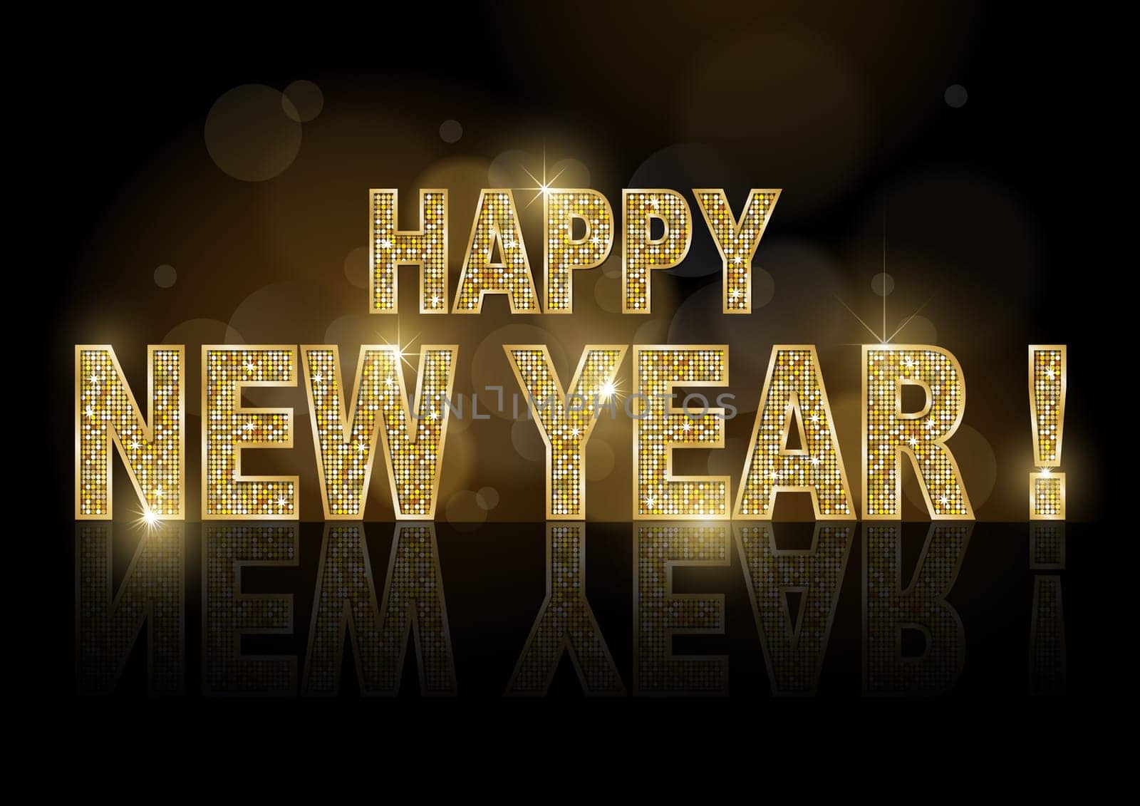 Golden Glowing Happy New Year Inscription on Dark Bokeh Background with Light Effects and Reflection - Abstract Modern Illustration
