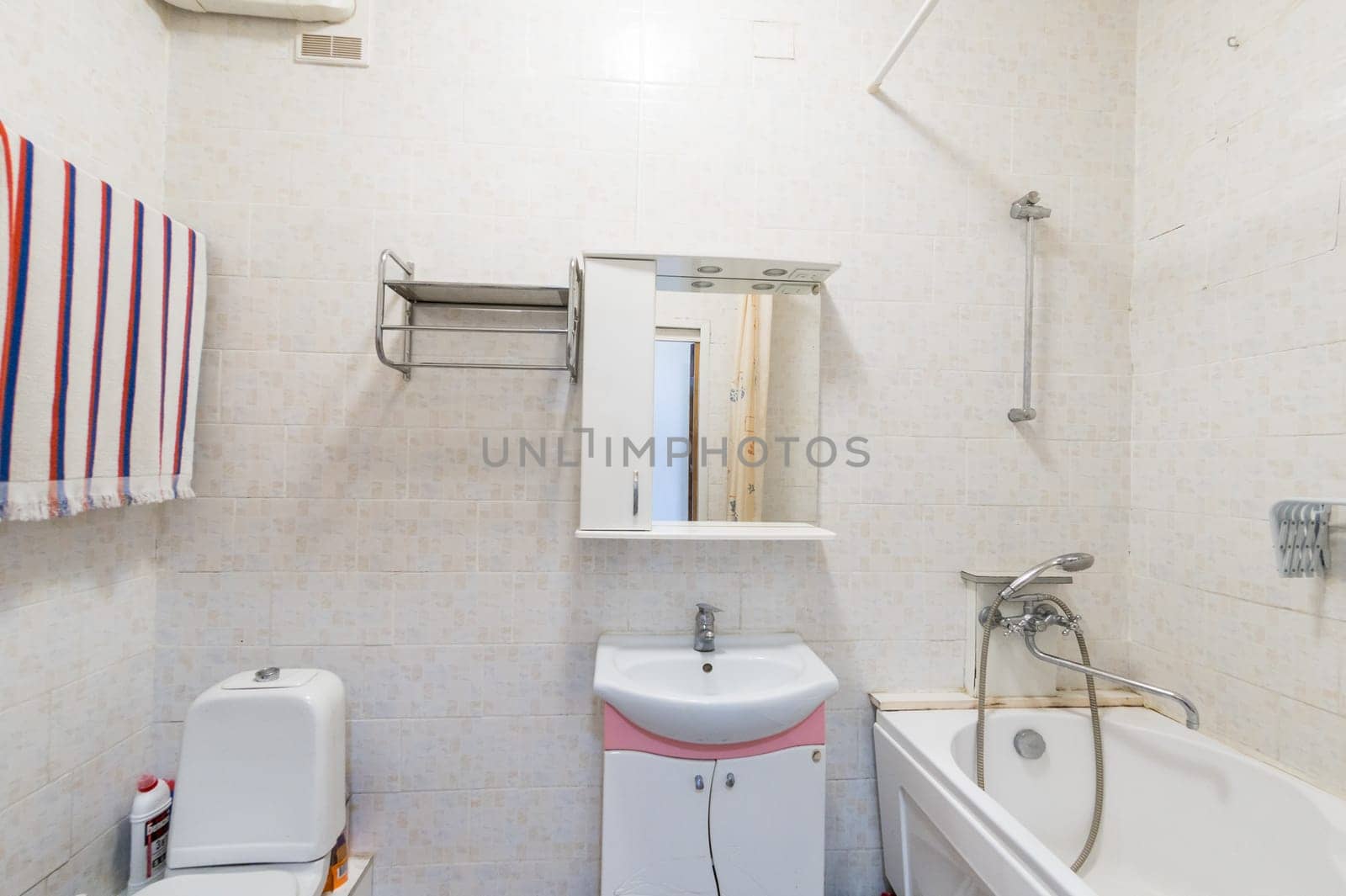 Russia, Moscow- July 06, 2019: interior room apartment. standard repair decoration in hostel. bathroom and toilet