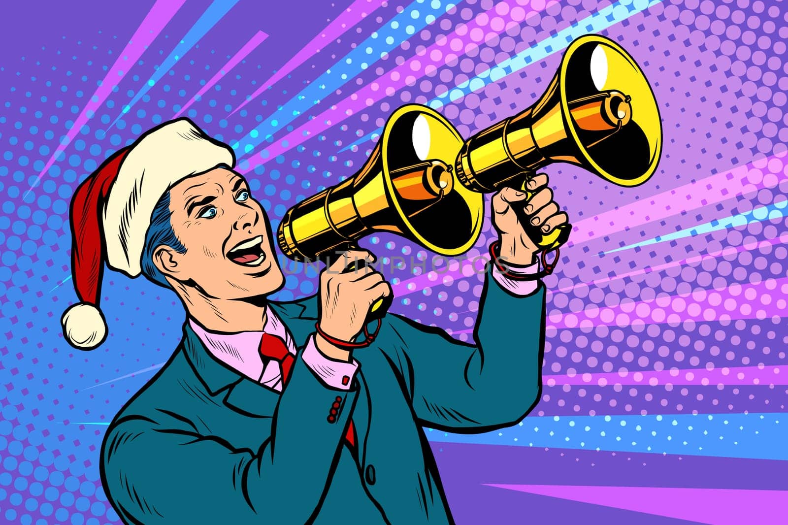 Christmas sale. Businessman advertises with megaphone. Pop art retro vector illustration kitsch vintage 50s 60s