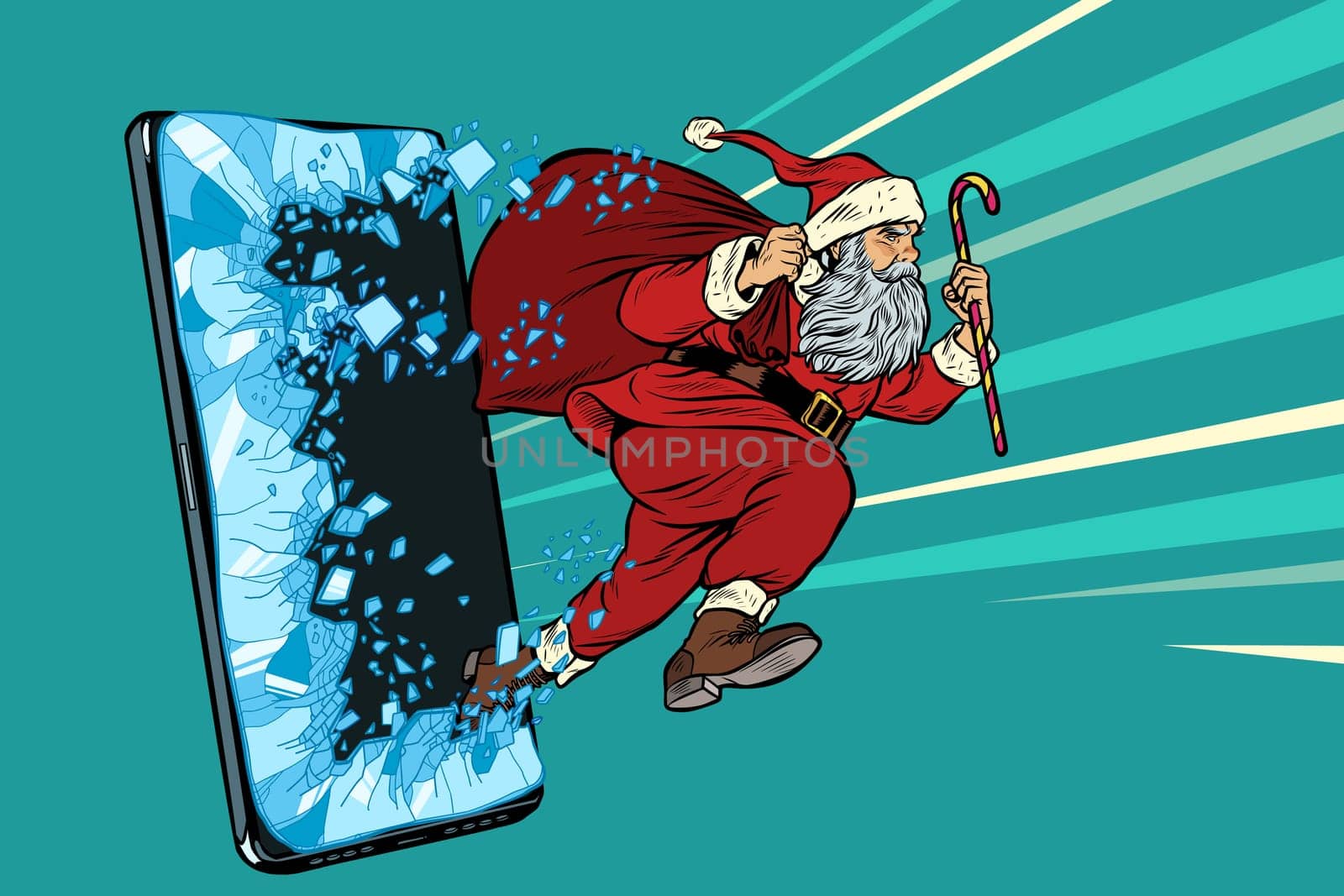 Christmas online sales concept. Santa Claus comes out of the smartphone. Online Internet application service program. Pop art retro vector illustration drawing vintage kitsch