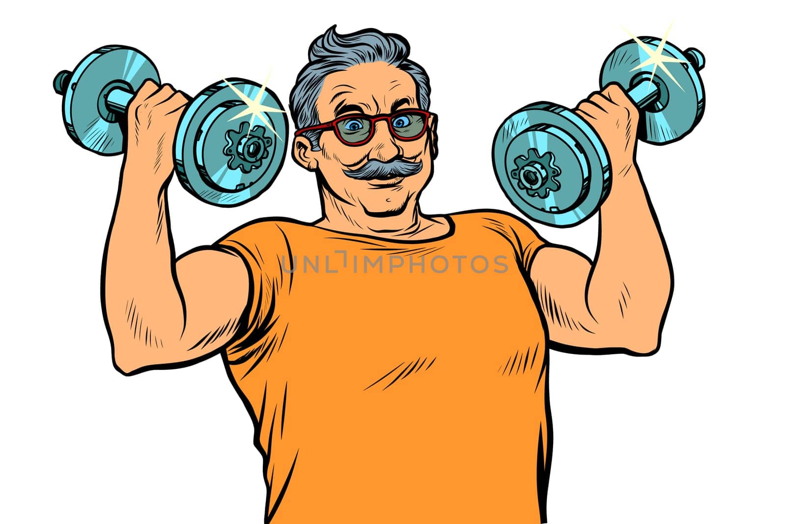 elderly man lifts dumbbells, fitness sport. Pop art retro vector illustration drawing vintage kitsch