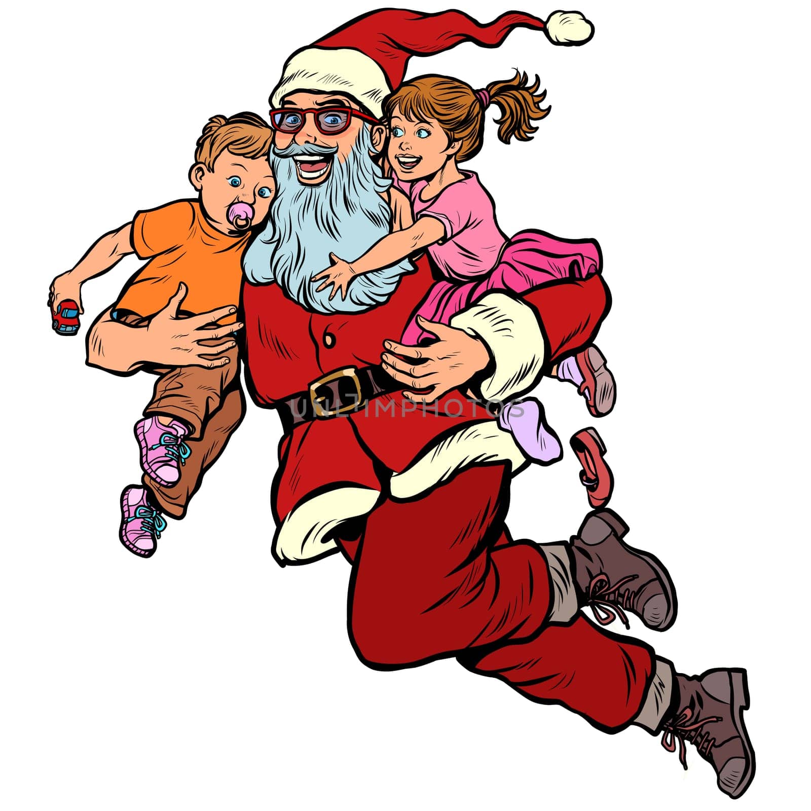 Santa Claus with children. Christmas and New year. Pop art retro vector illustration kitsch vintage