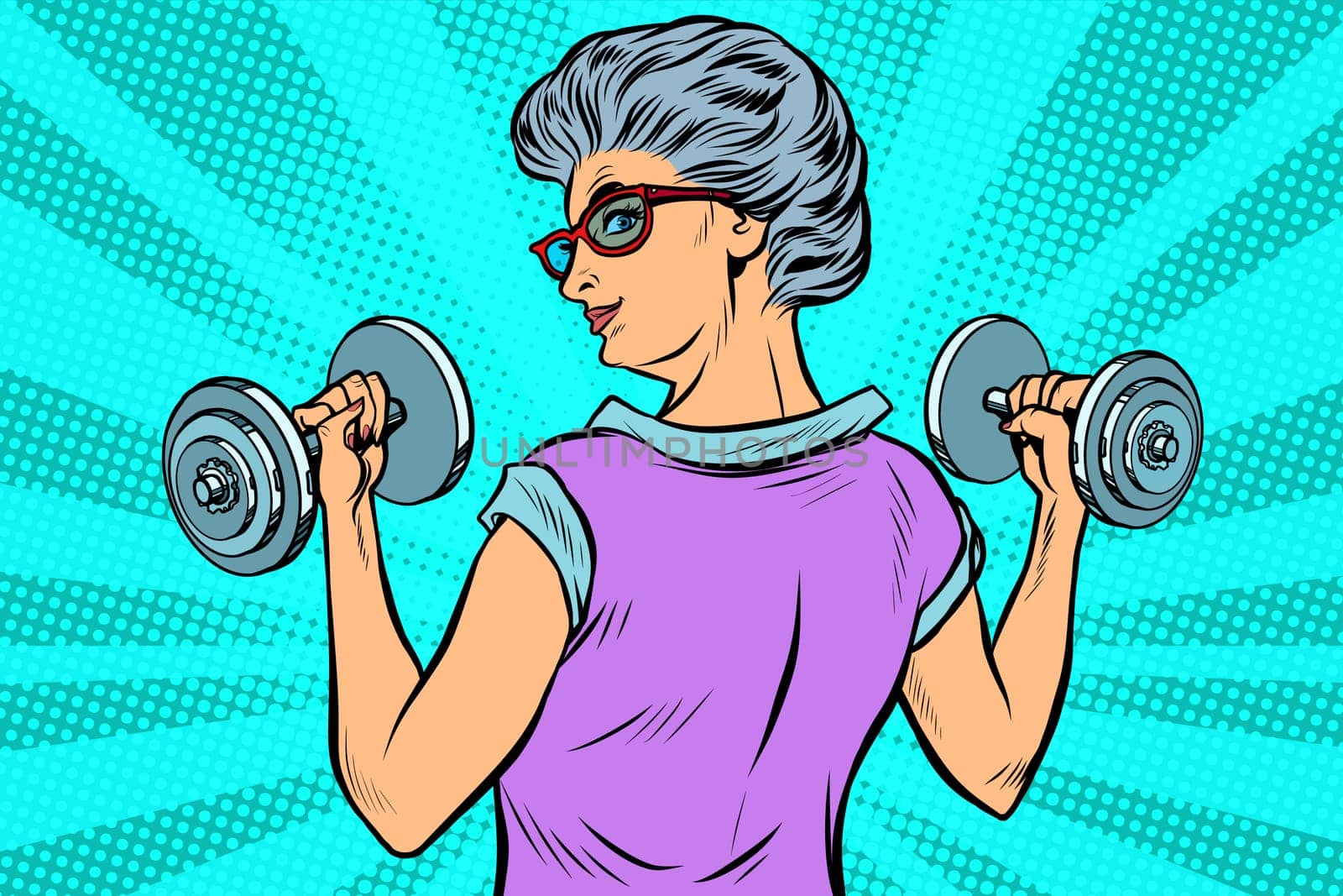 fitness dumbbells sport activity Woman grandmother pensioner elderly lady. Pop art retro vector illustration drawing vintage kitsch
