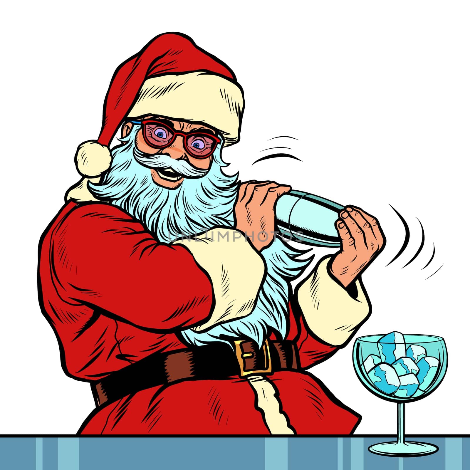 Santa Claus makes Christmas cocktail with ice for new year party. Santa Claus character merry Christmas and happy new year. Pop art retro vector illustration vintage kitsch drawing 50s 60s