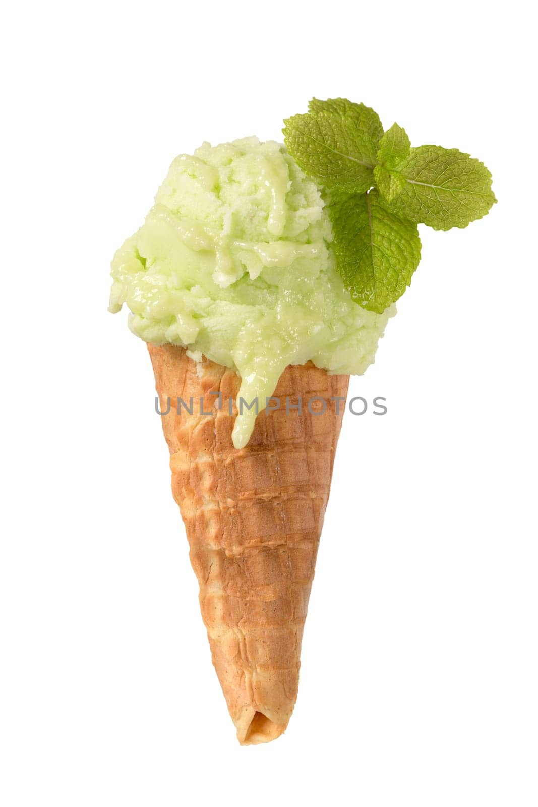 Green ice-cream cone isolated on white background.