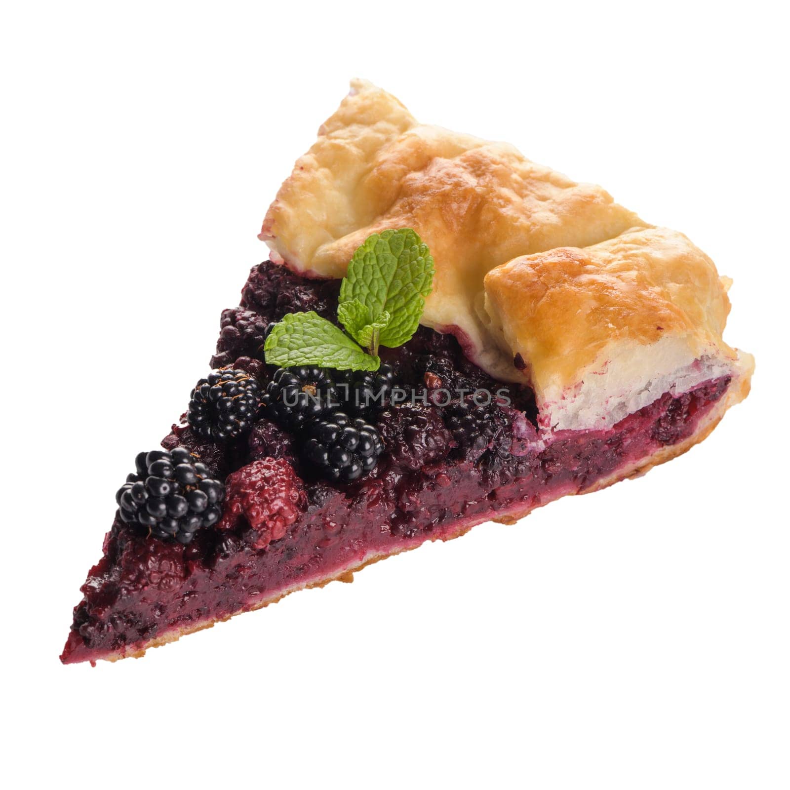 Homemade pie slice isolated on white background.