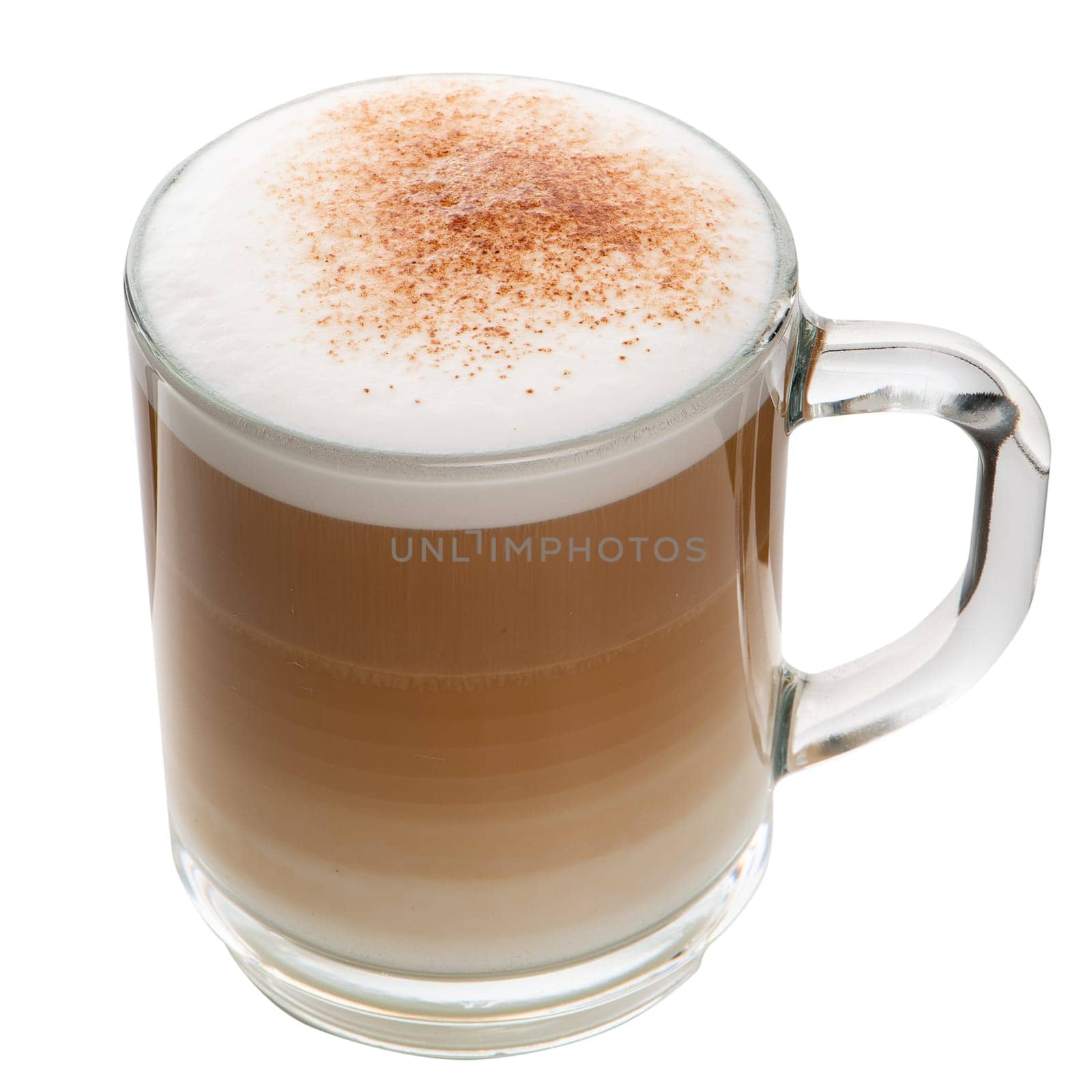 Glass cup mix latte coffee foam, white background