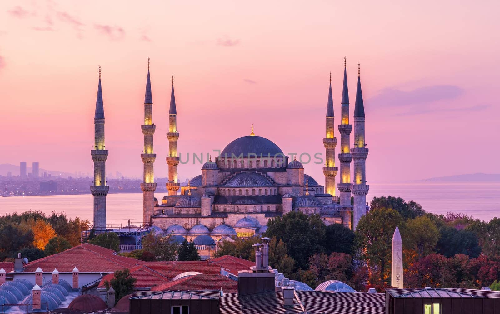 Wonderful Blue Mosque of Istanbul in the purple colors of sunset.