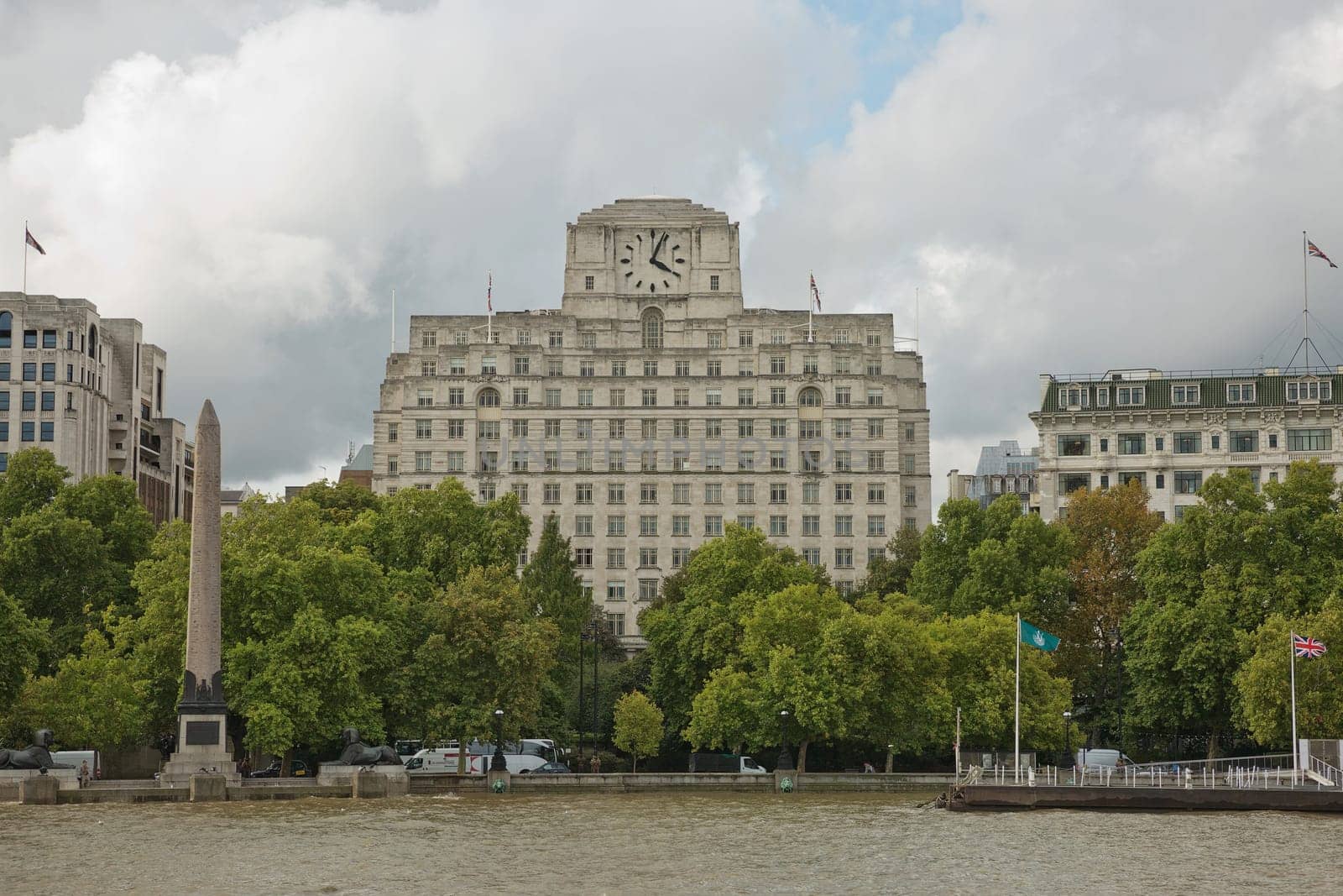 LONDON, UK - SEPTEMBER 08, 2017: View of architecture of the city of London in UK alongside the riverbank of River Thames.