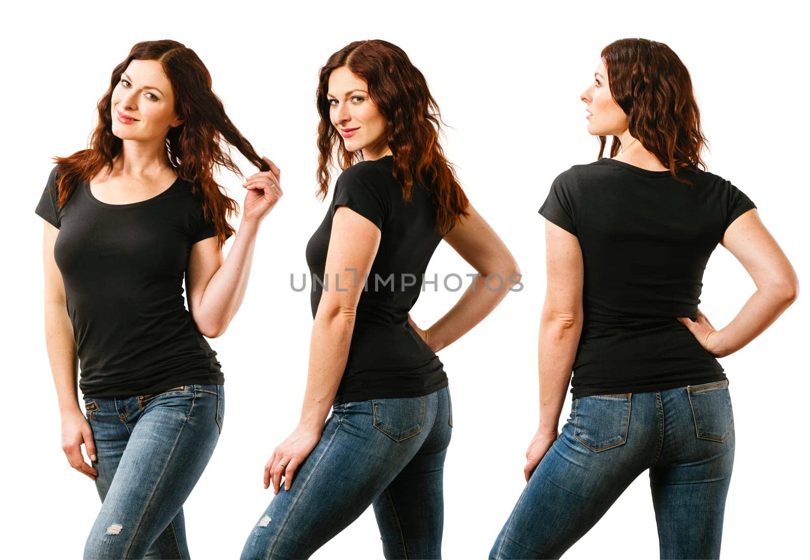 Photo of a young beautiful redhead woman with blank black shirt, front, side and back. Ready for your design or artwork.