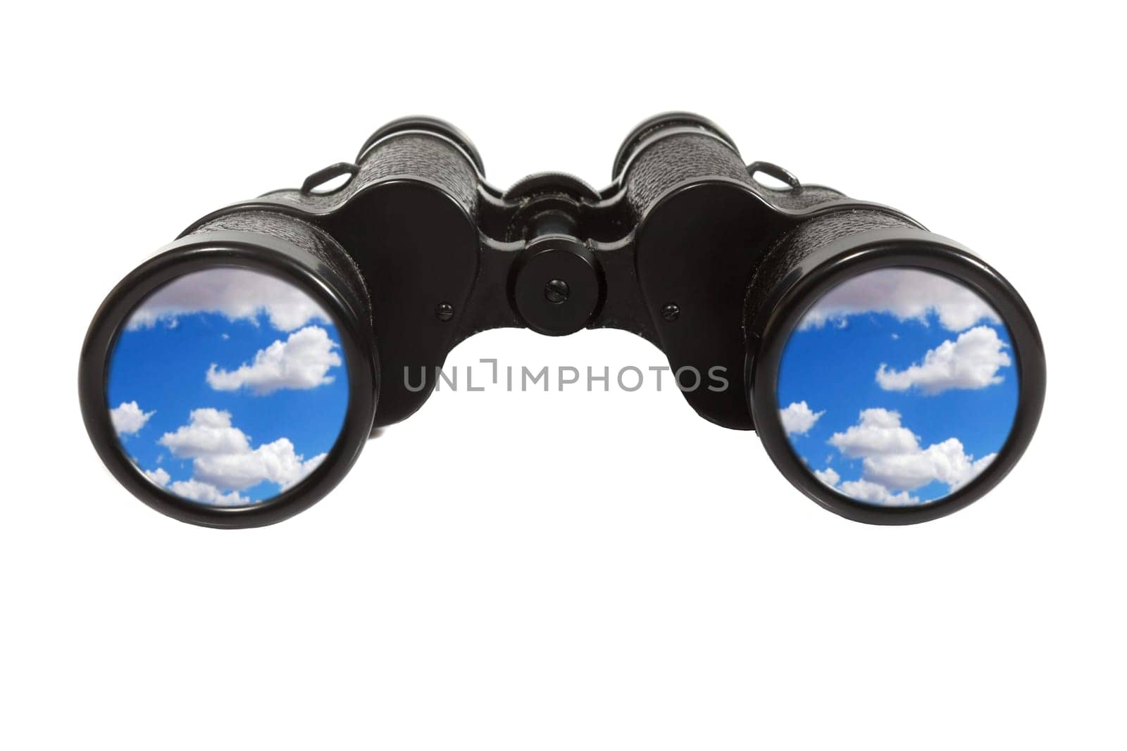 Pair of Binoculars with blue sky on a white background
