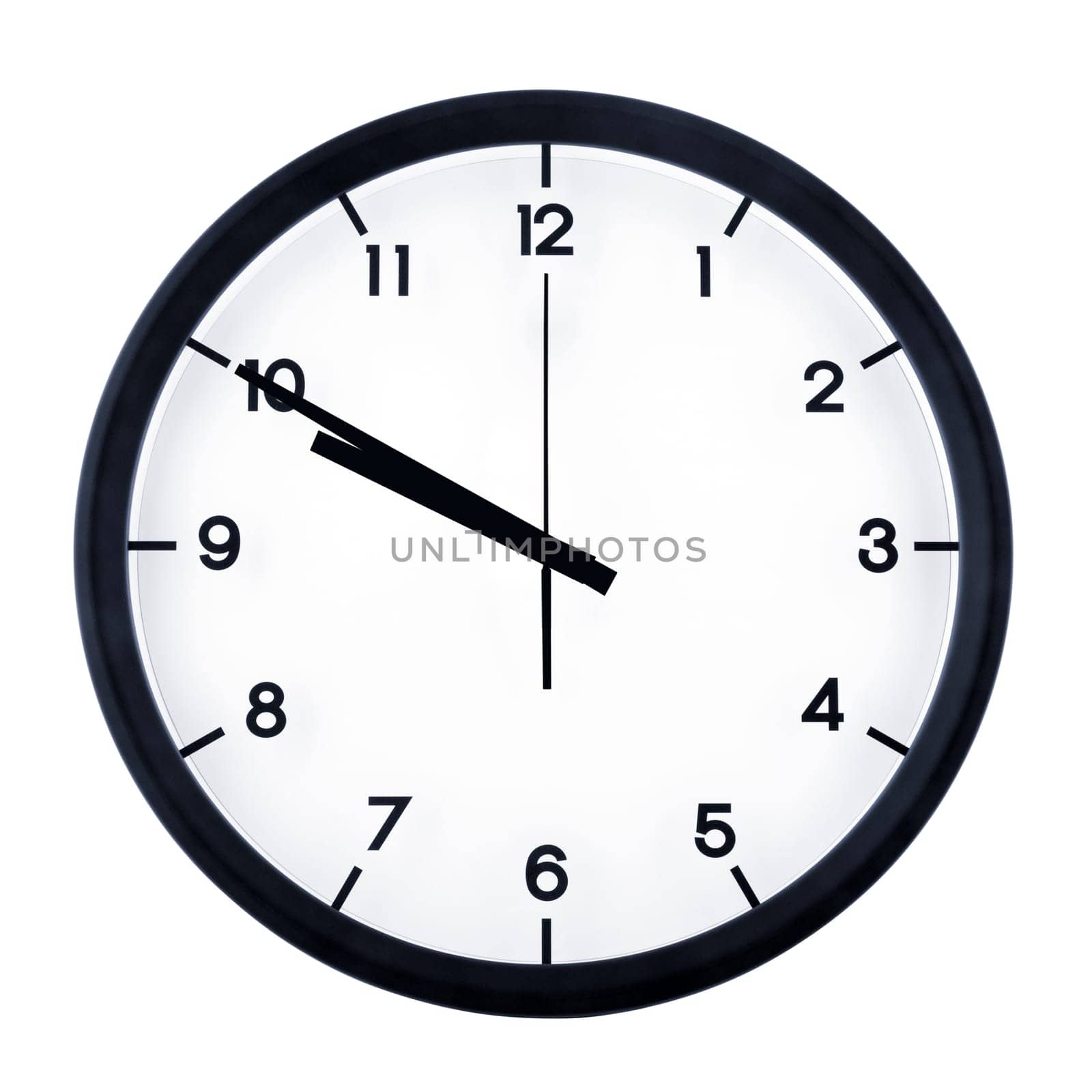 Classic analog clock pointing at nine fifty, isolated on white background.
