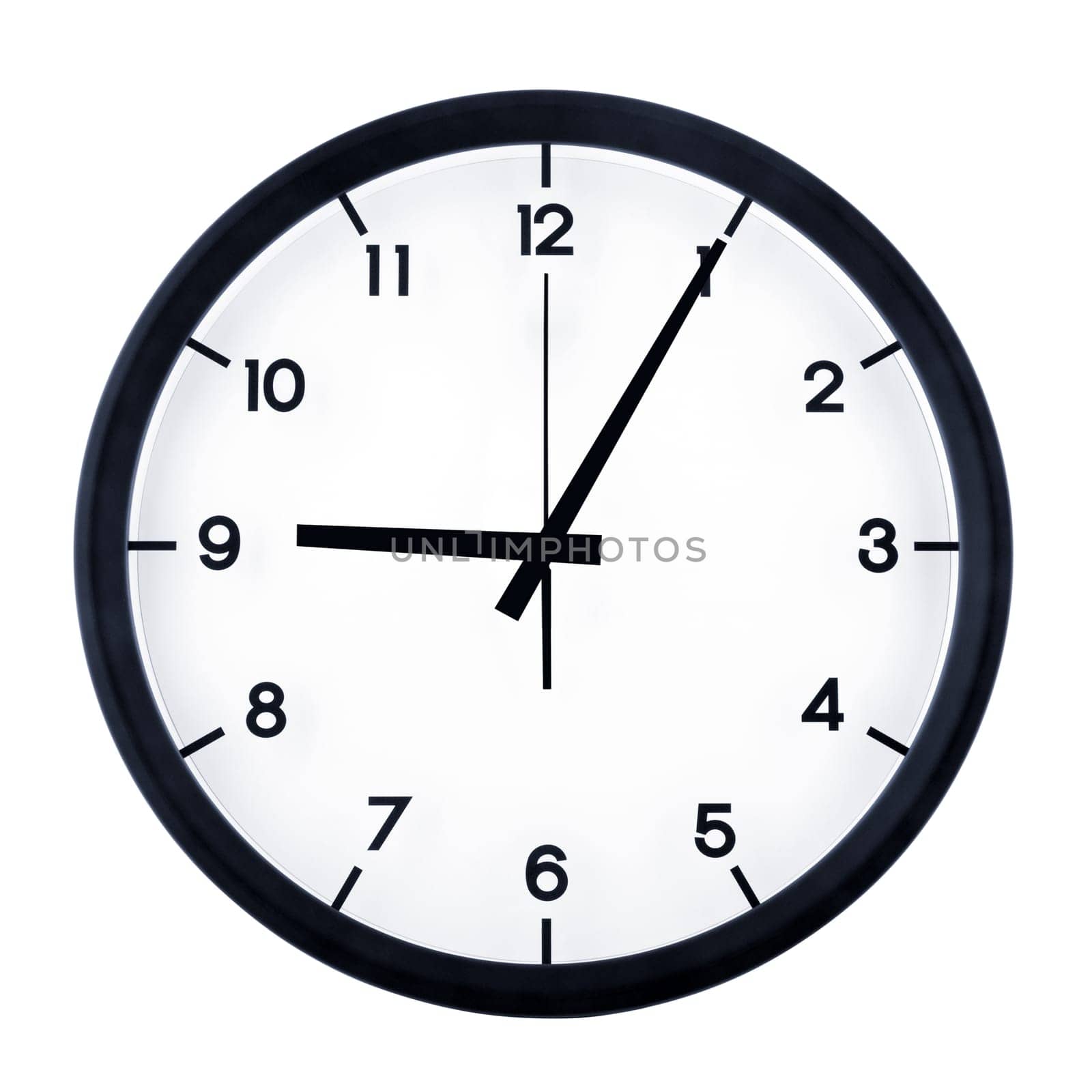Classic analog clock pointing at nine O five, isolated on white background.