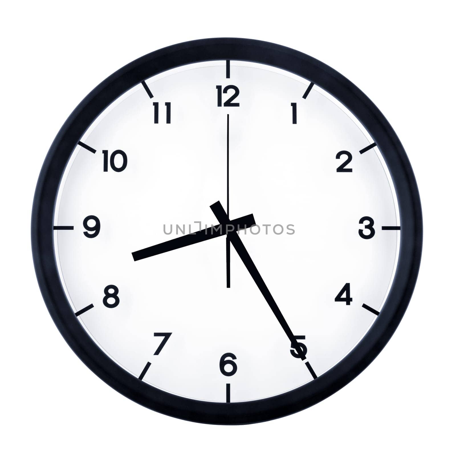 Classic analog clock pointing at eight twenty five, isolated on white background.