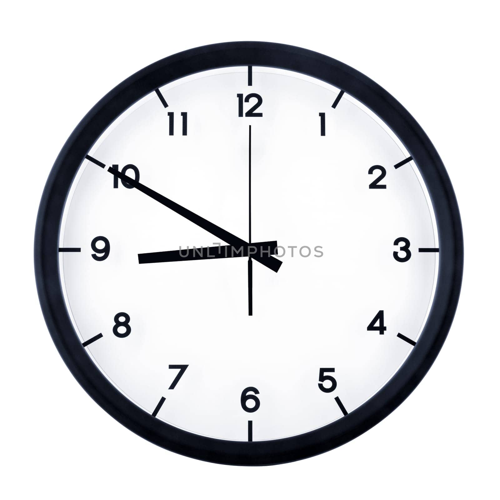 Classic analog clock pointing at eight fifty, isolated on white background.