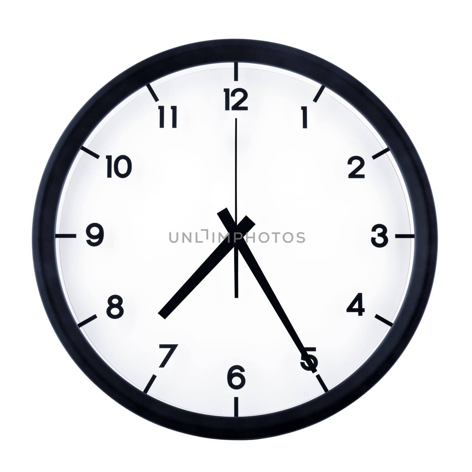 Classic analog clock pointing at seven twenty five, isolated on white background.