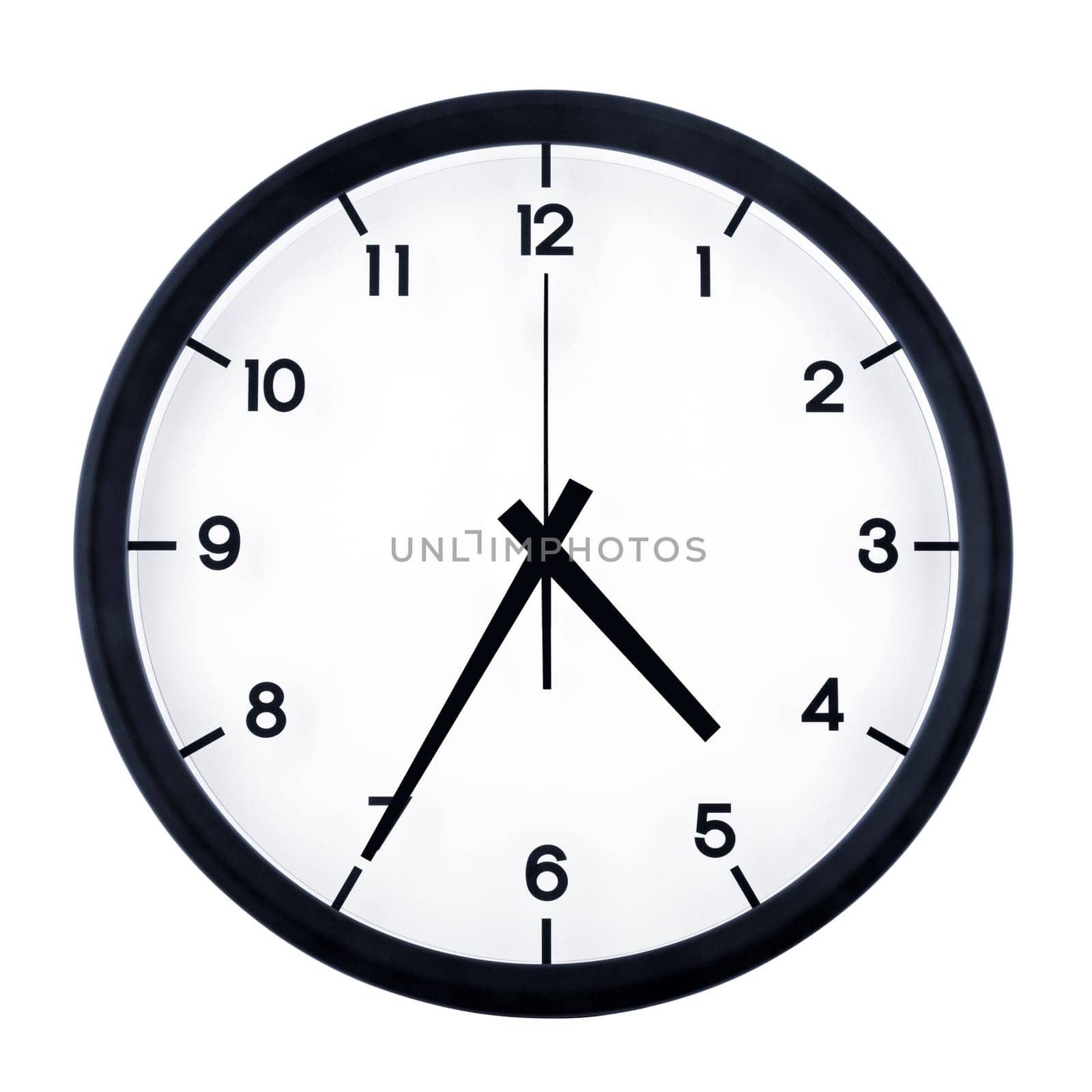 Classic analog clock pointing at four thirty five, isolated on white background.