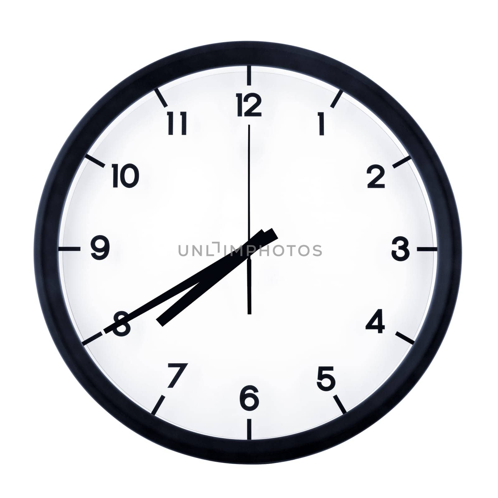 Classic analog clock pointing at seven forty, isolated on white background.
