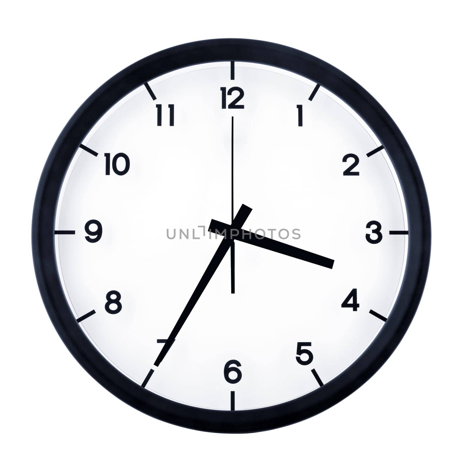 Classic analog clock pointing at three thirty five, isolated on white background.